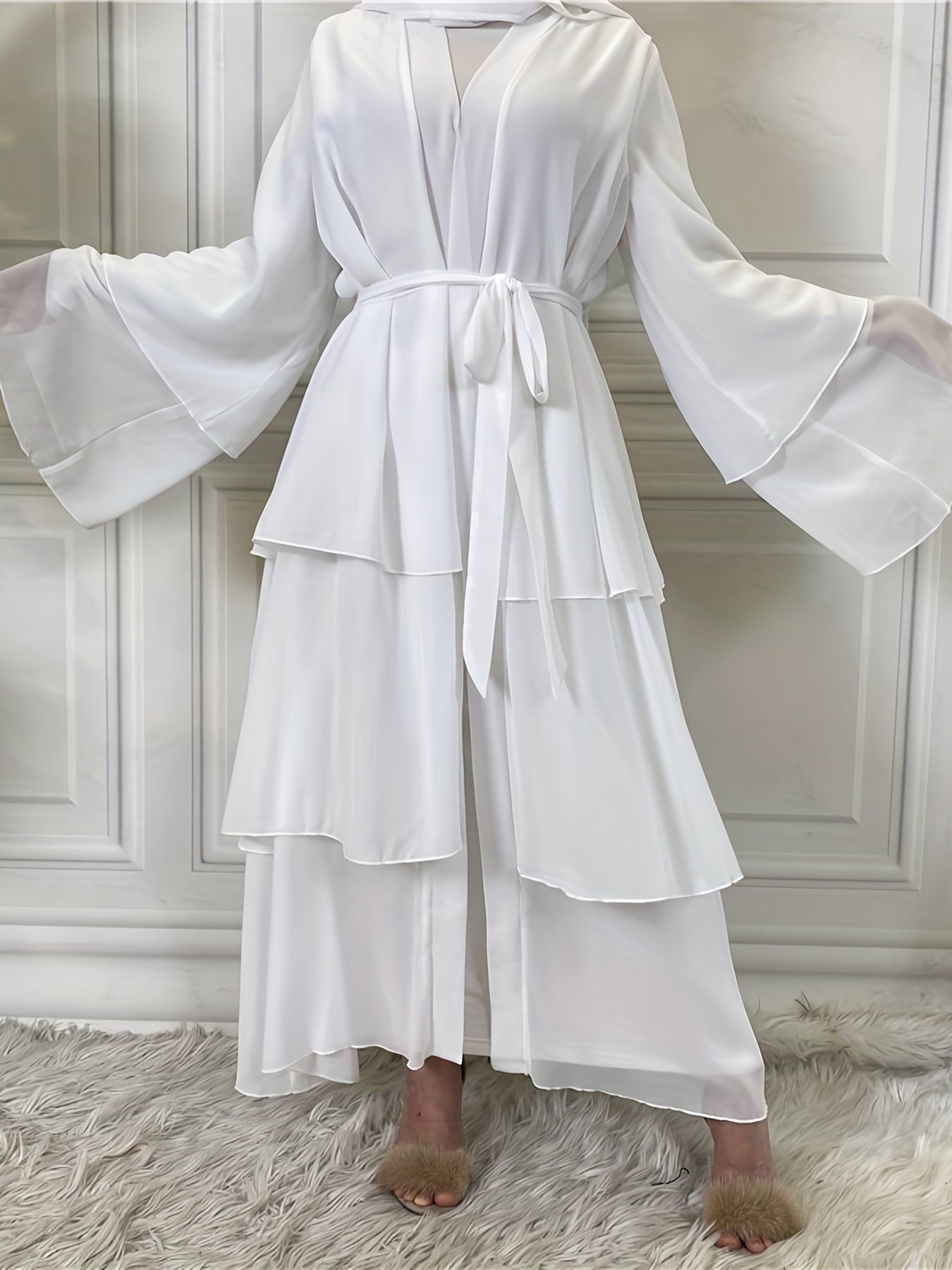 Layered Open Front Modest Dress, Long Sleeve Muslim Dress'/MH
