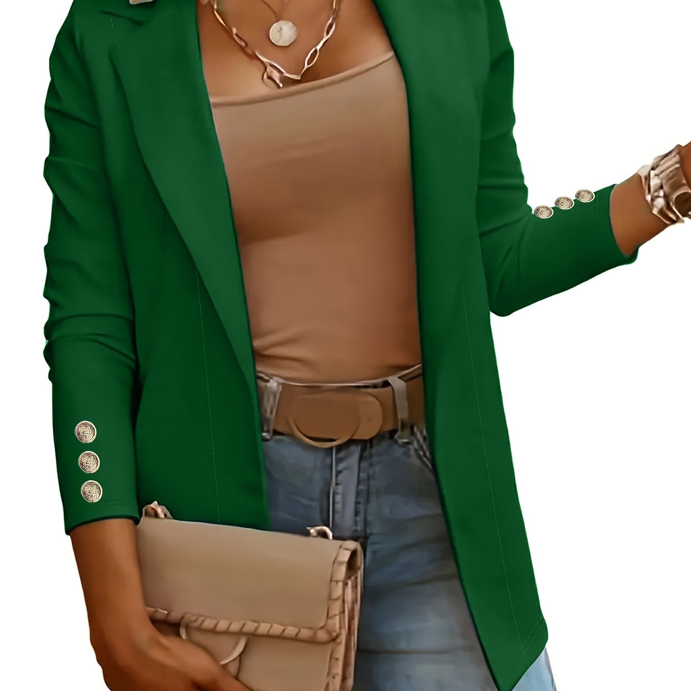 Solid Open Front Lapel Blazer, Elegant Button Decor Long Sleeve Blazer.