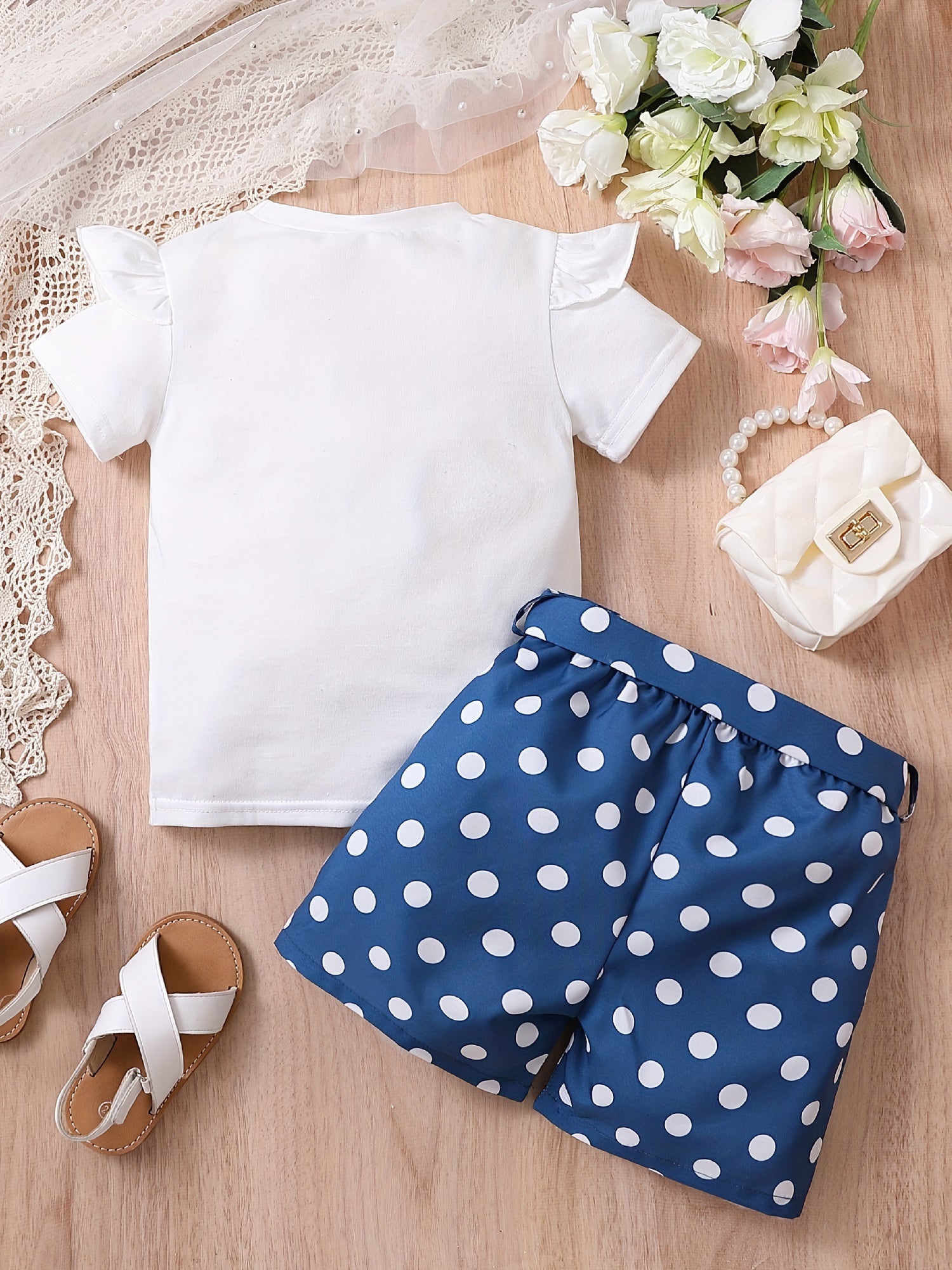 2pcs Toddler Girls Bow Figure Graphic Ruffle Trim T-Shirt