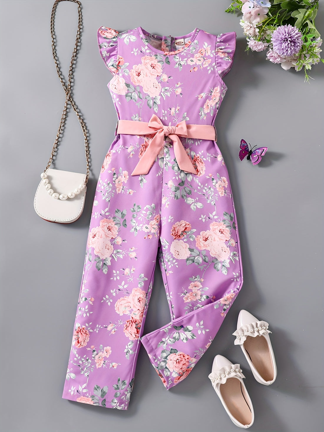 Toddler Girls Flowers Graphic Flutter Sleeve Belted Rompers Wide.