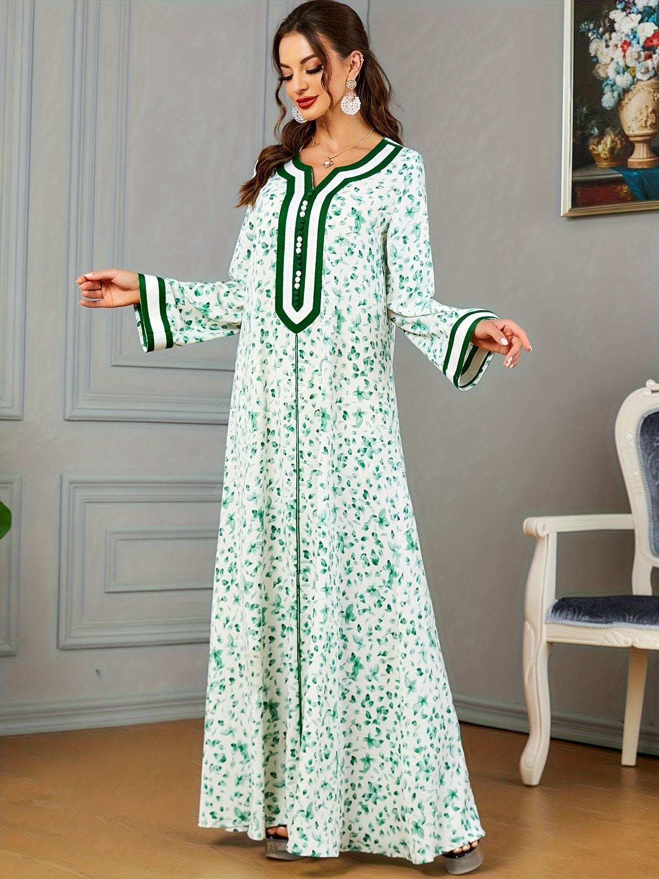Floral Print Notch Neck Kaftan, Elegant Long Sleeve Maxi women fashion ;/MH