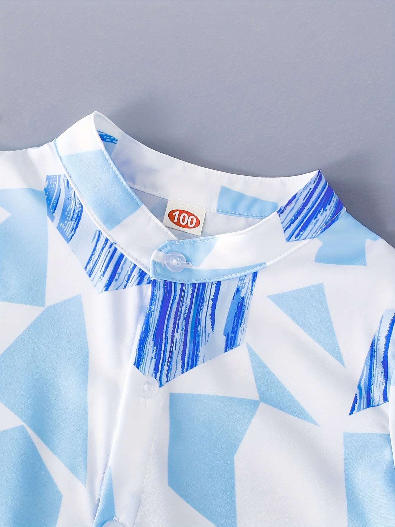Boy's Creative Geo Color Block Stand Collar Button Down Shirt,