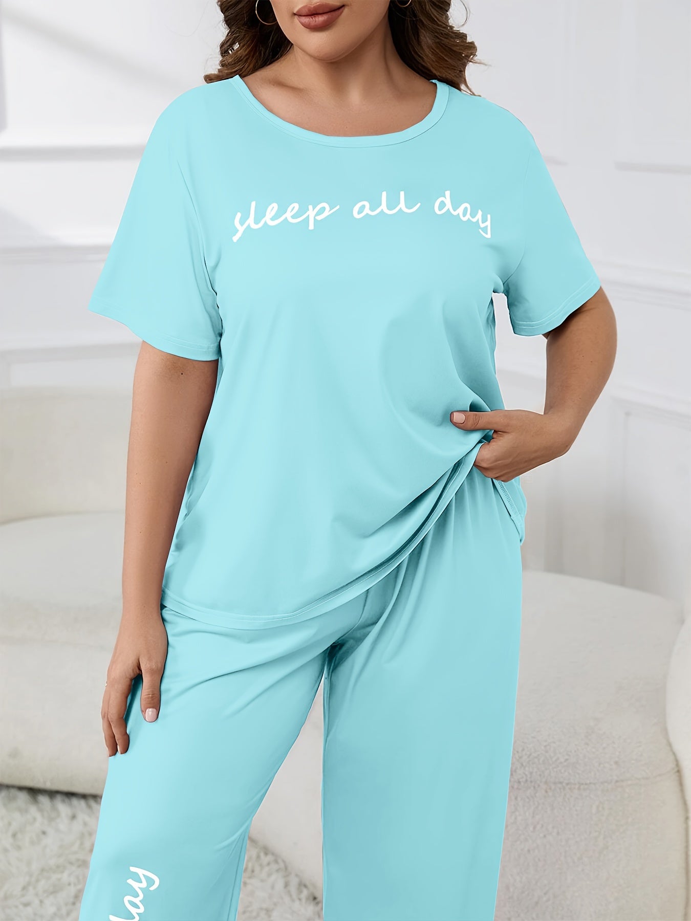Plus Size Women's Cute Pajama Set, Plus Size Letter Print Short Sleeve Top and Pants Casual 2pcs, Plus Size Pajama Sets