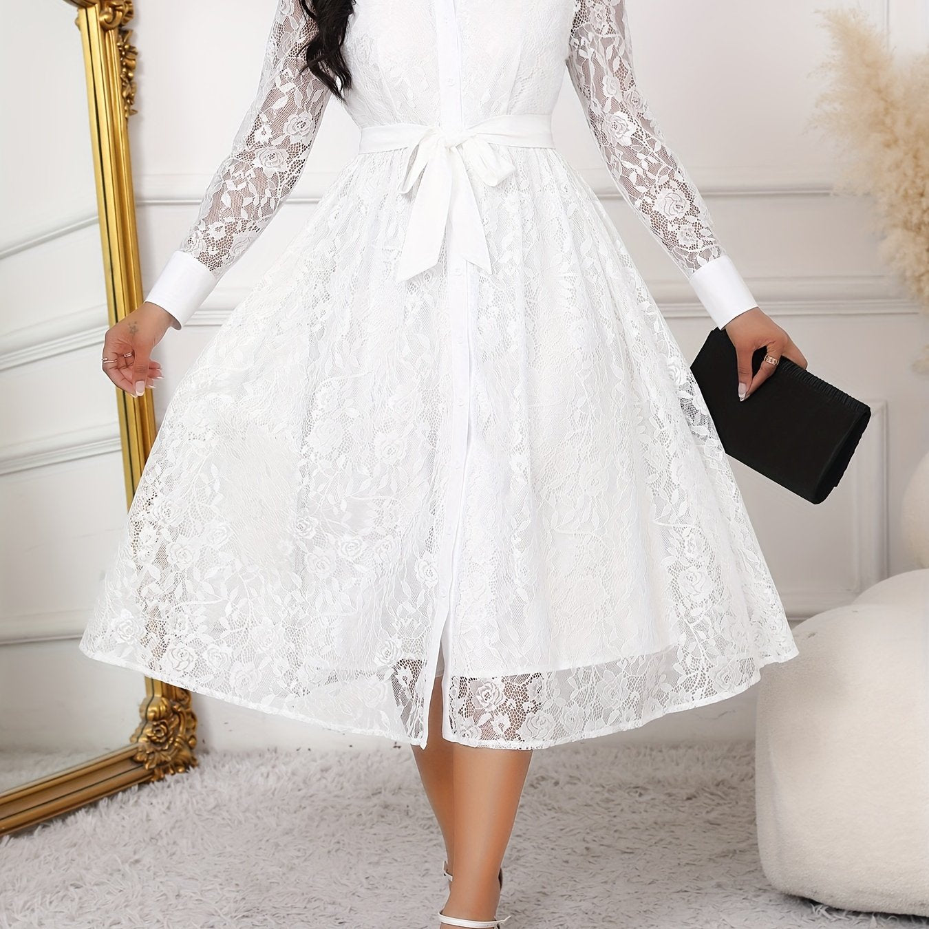 Contrast Lace Belted Button Front Shirt Dress, /MH