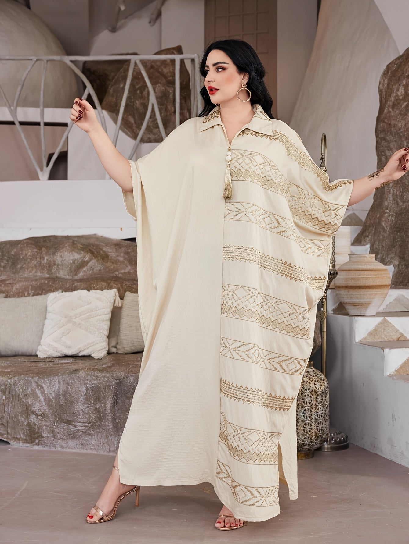 Elegant Ramadan Jalabia Dress - Golden & Black Geometric Embroidery,/MH
