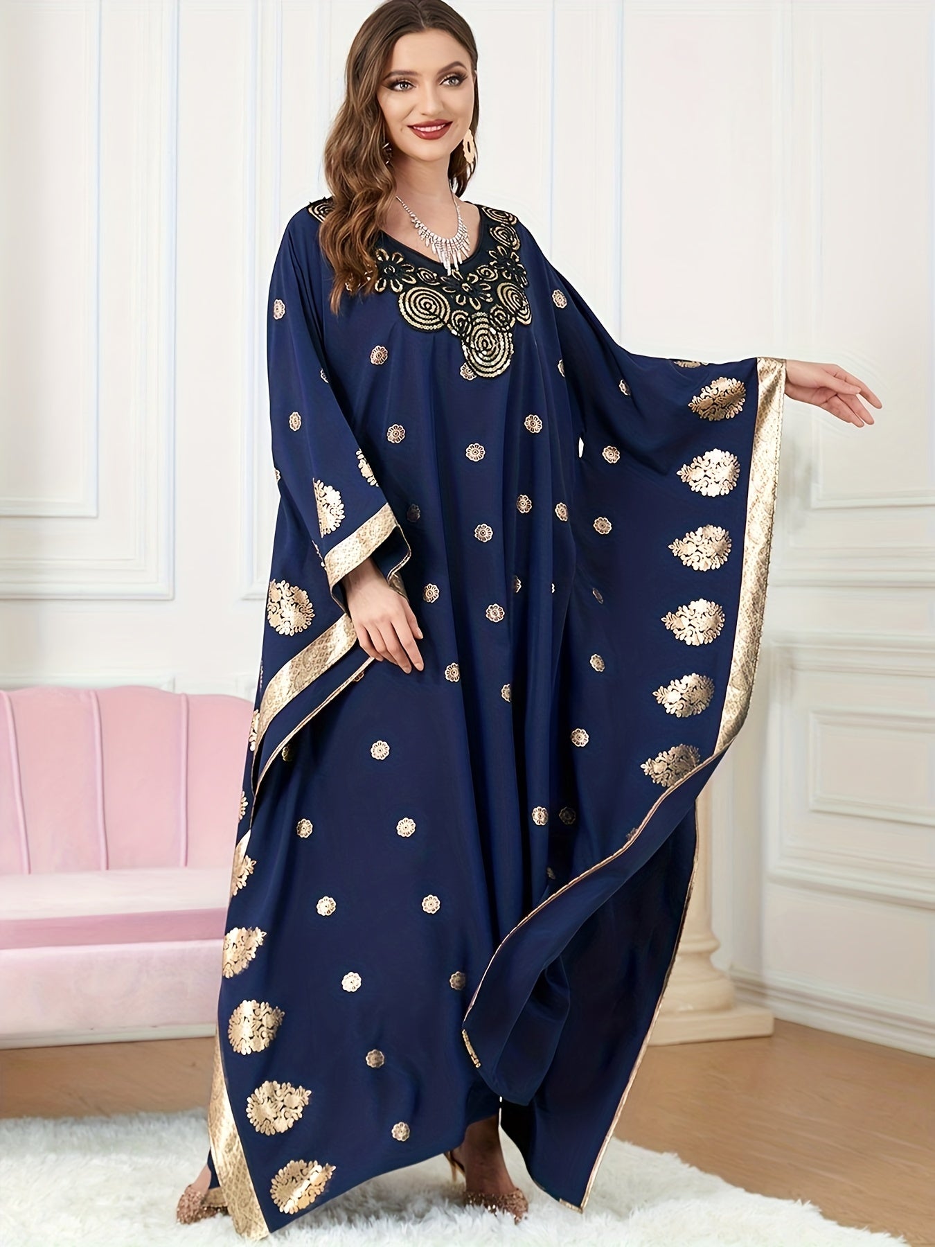 Graphic Print Batwing Sleeve Kaftan Dress, /MH