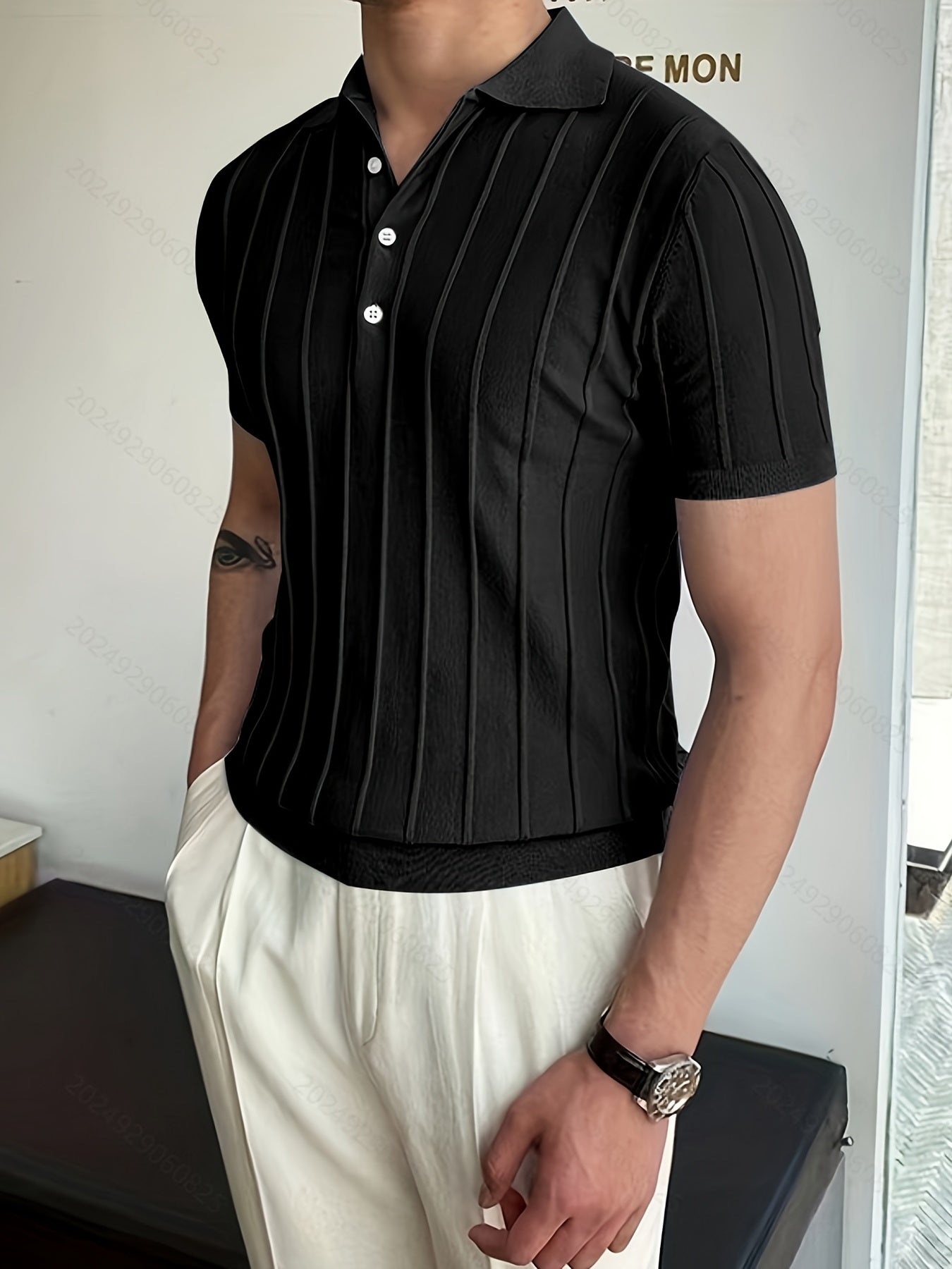 Vertical Striped Chic Shirt, Men's Casual Solid Color High Stretch .