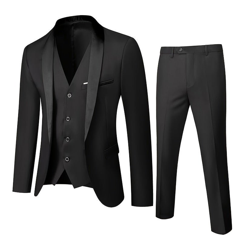 3-Piece Men's Classic Solid Dress Suit Set, One-Button Jacket Blazer.