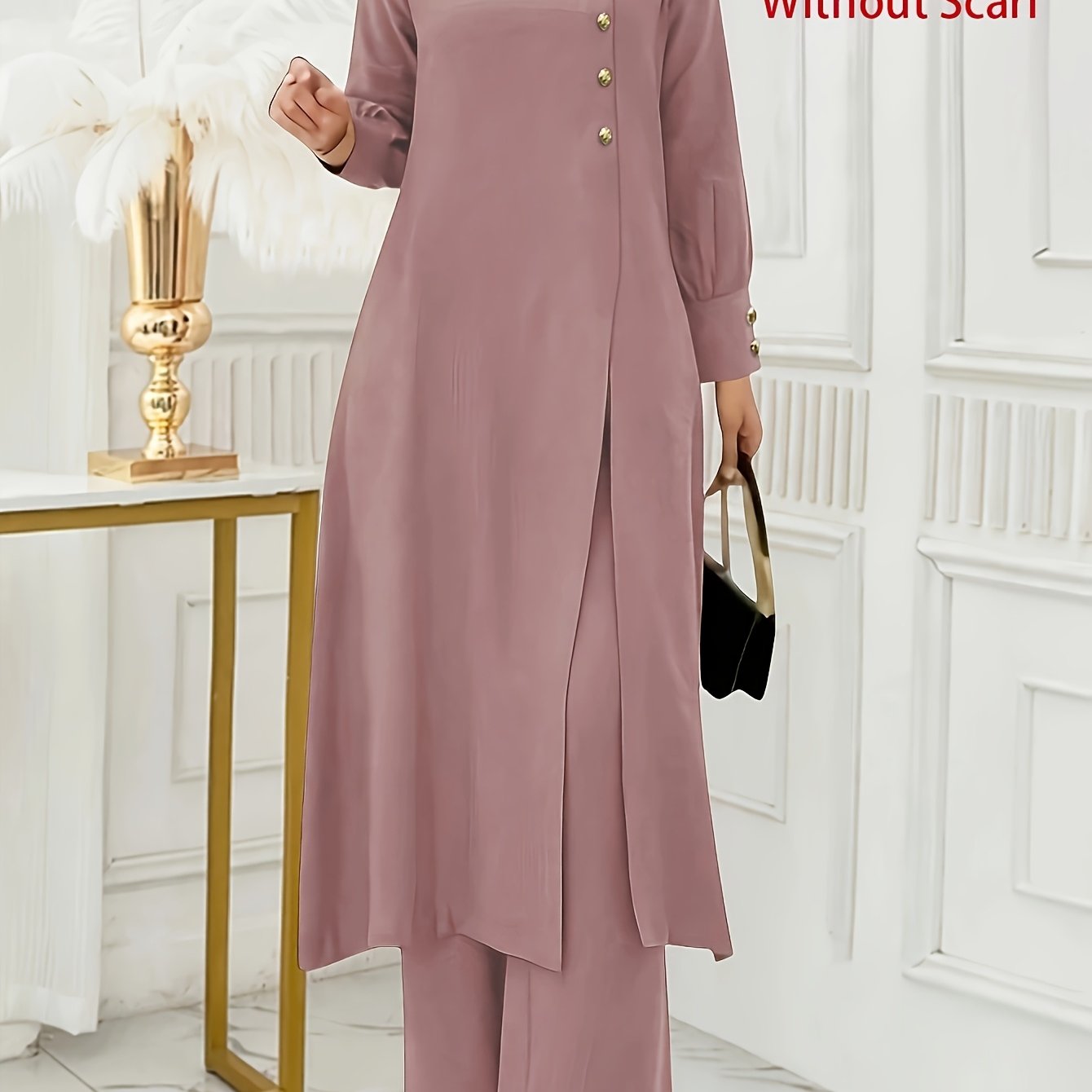 Solid Color Button Design Long Sleeve Top and Pants Set, Arabic Style,/MH