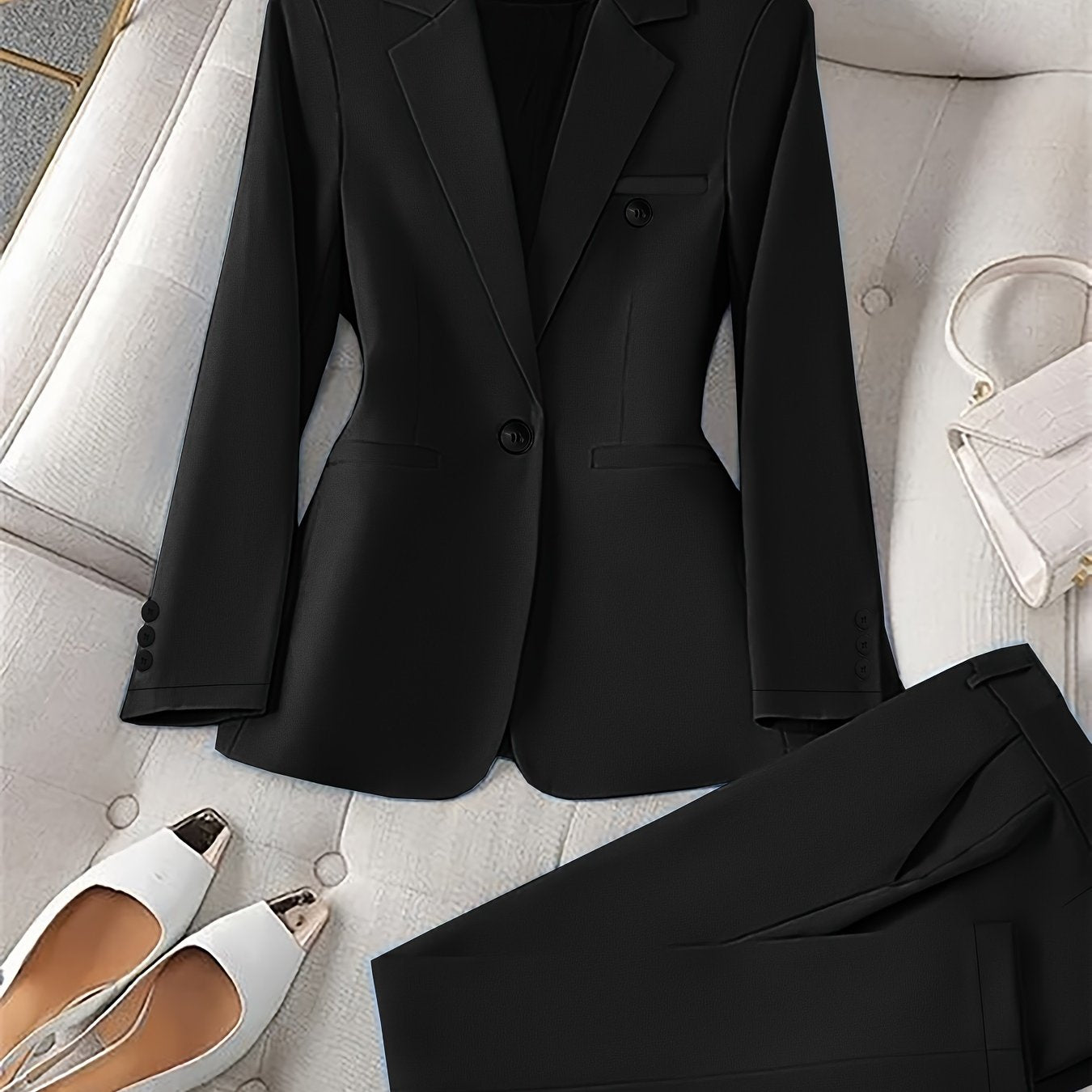 Solid Color Elegant Pantsuits, Long Sleeve Lapel Collar Button Blazer.