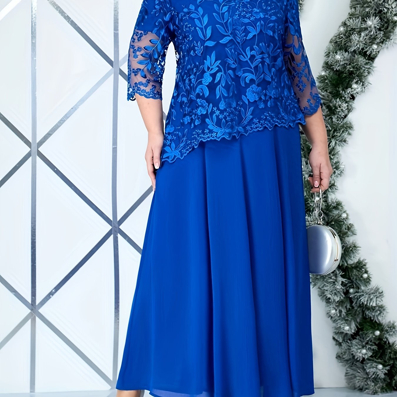 Plus Size Elegant Embroidered Lace Midi Dress for Women - ./MH
