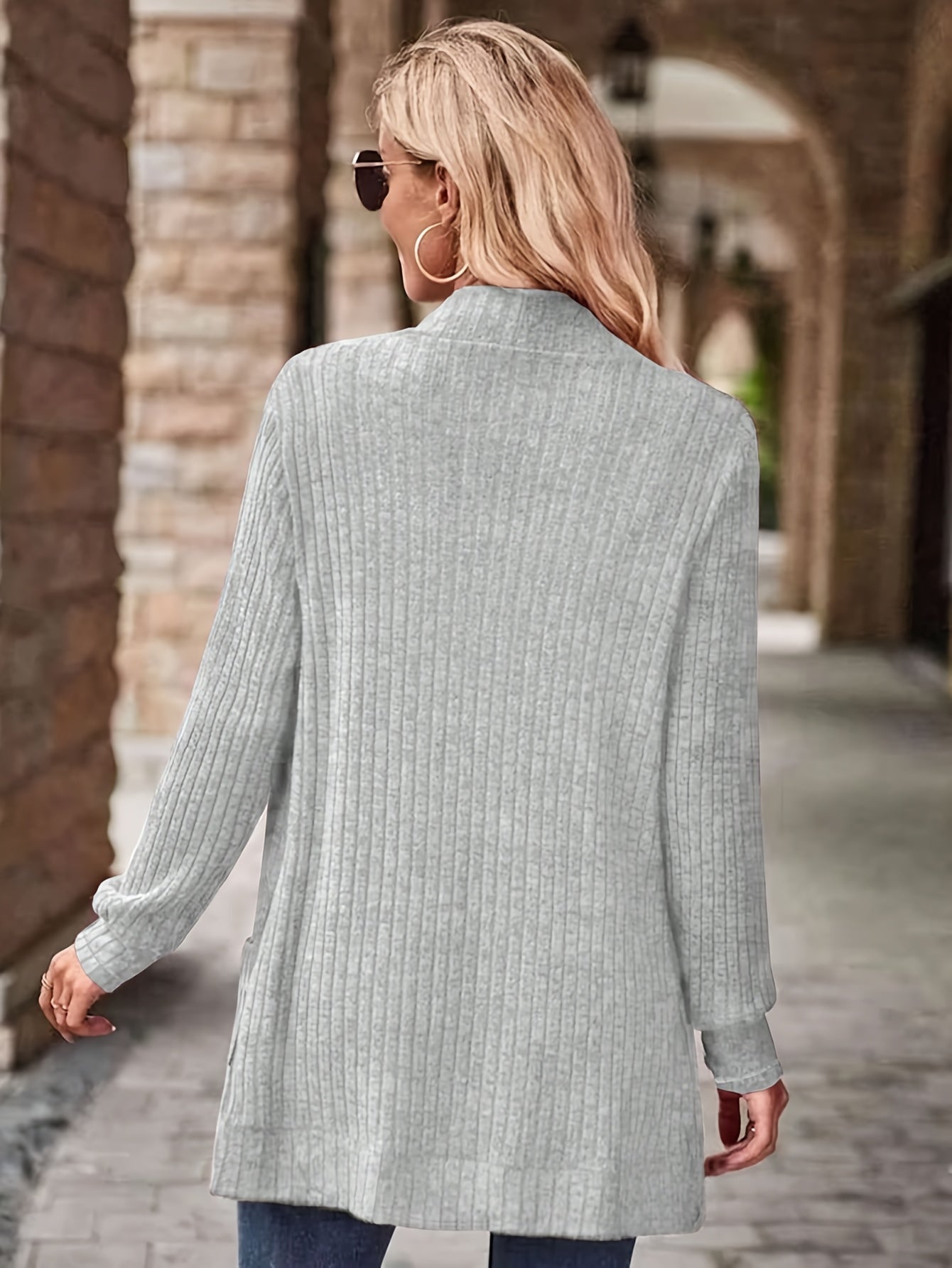 1pc Women'S Solid Color Polyester Cardigan Jacket with Pockets,