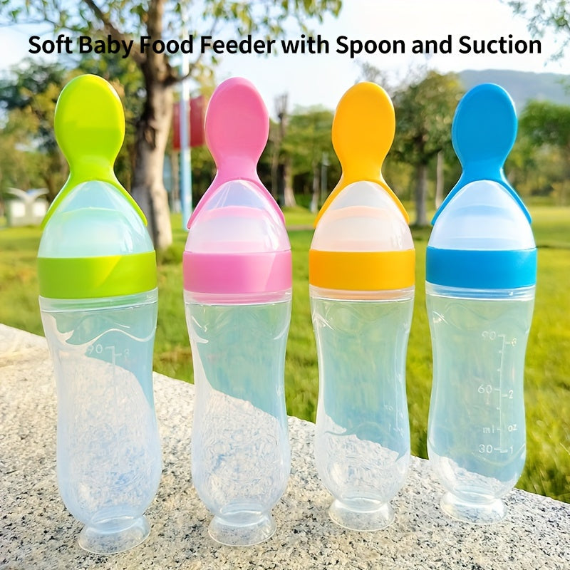 Food Feeder, Silicone Feeding Bottle With Spoon And Suction, Food Processor, 90ml Food Rice Paste Spoon Tableware, Halloween, Thanksgiving, Christmas Gift Easter Gift