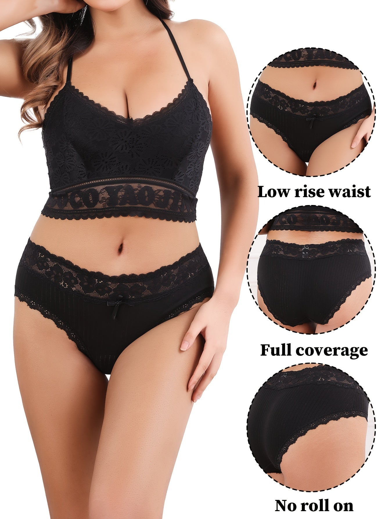 6pcs Solid Ribbed Briefs, Sexy & Comfy Bow Decor Lace Trim Intimate Panties, /MH