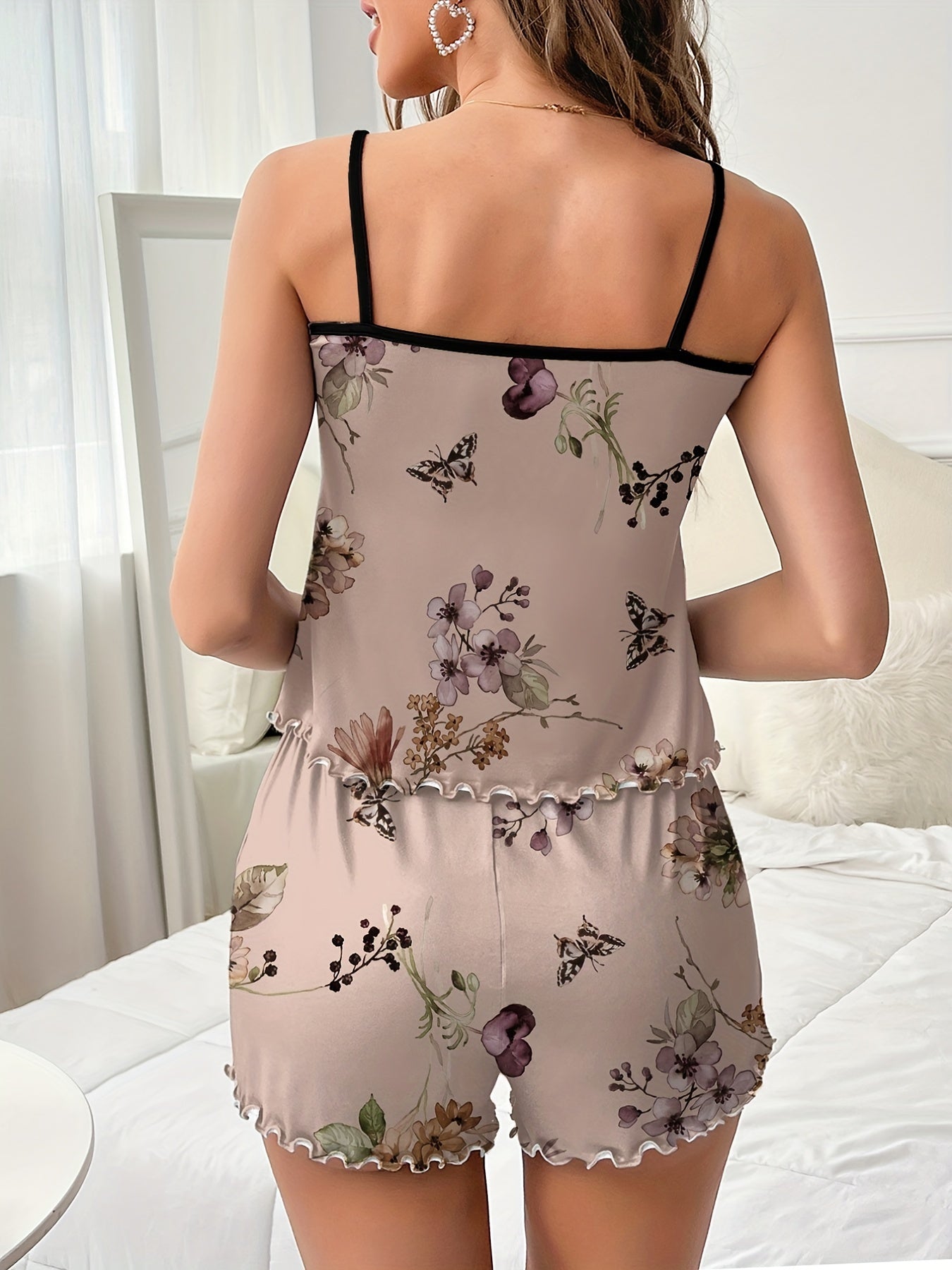 Floral Print Pajama Set, Crew Neck Cami Top & Lettuce Trim Shorts,