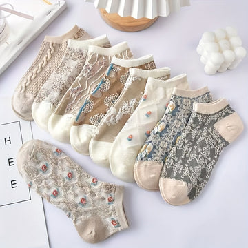 9 Pairs Vibrant Floral Print Low Cut Ankle Socks - Women's ./MH