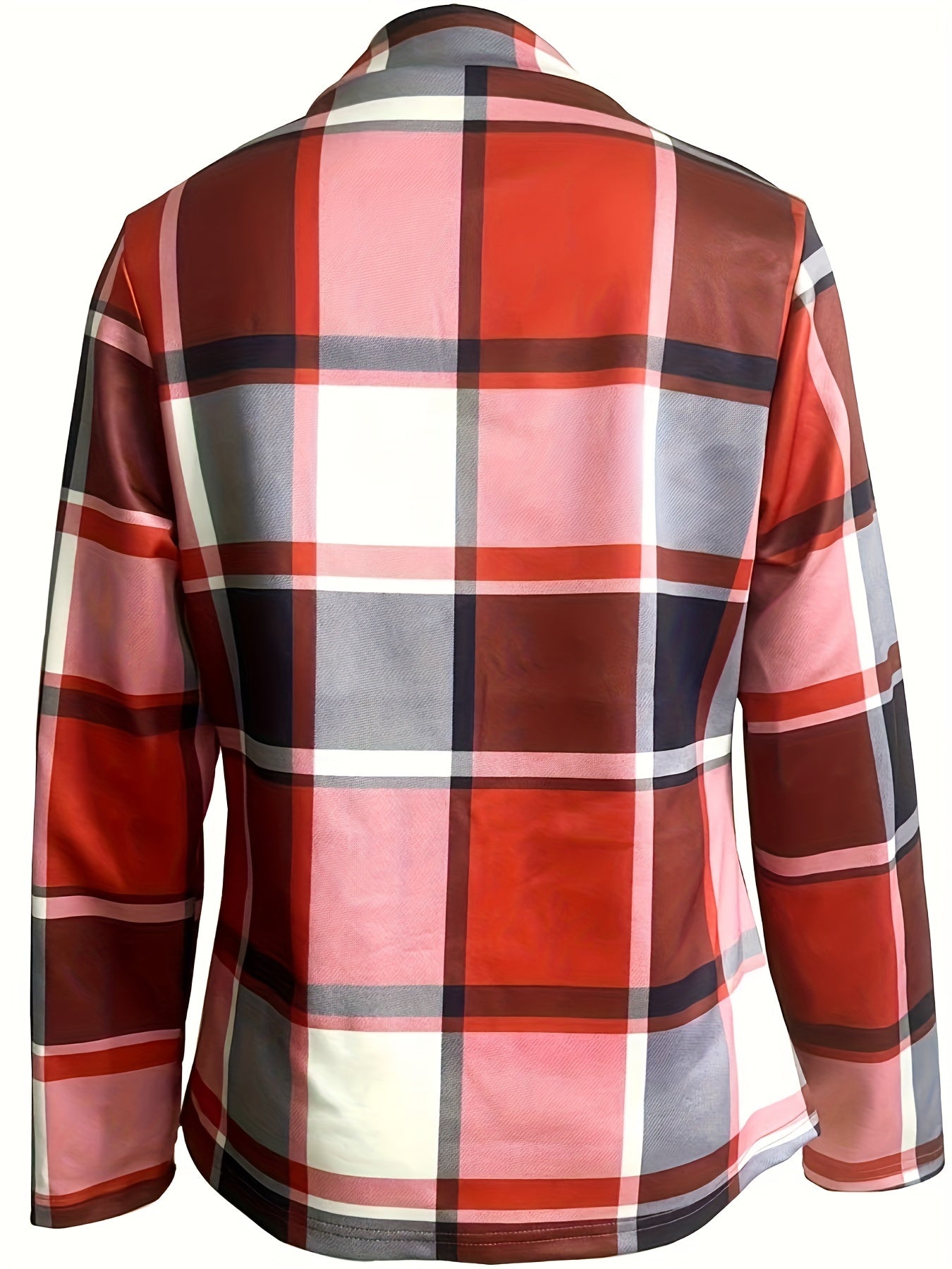 Plaid Print Open Front Blazer, Elegant Long Sleeve .