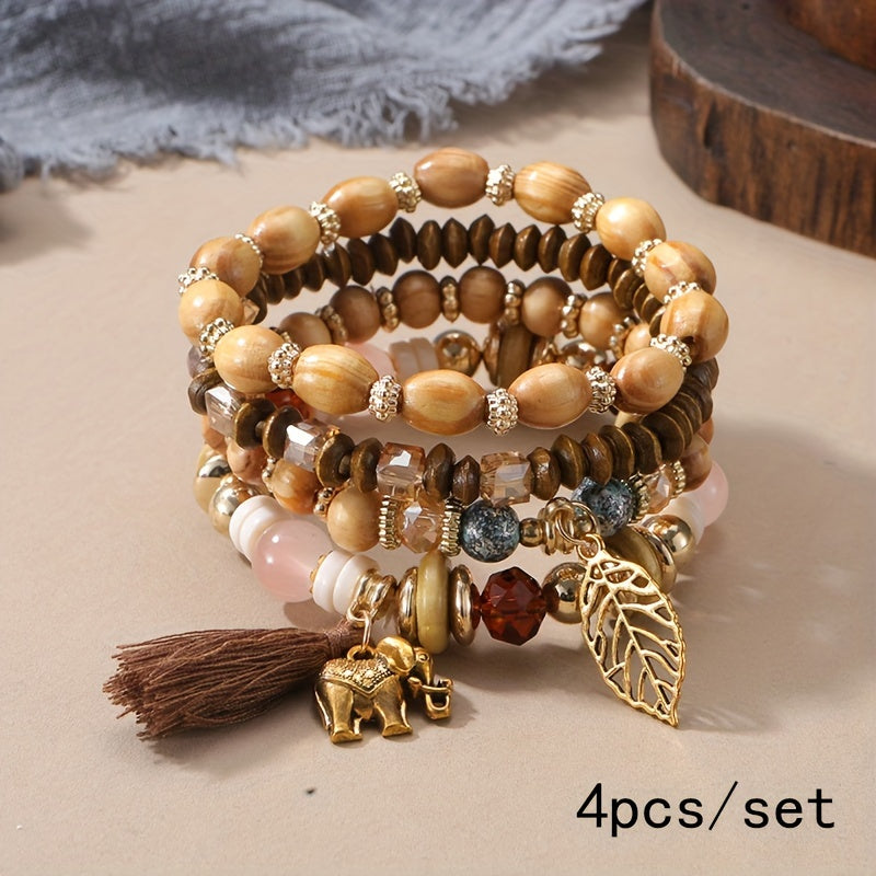 4pcs/set Tree Of Life Pendant Multilayer Beaded Bracelet Round Bead Wooden Bead Bracelet Bohemian Ethnic Jewelry Accessories Handmade -A Stylish Accessory, Father's Day Gift