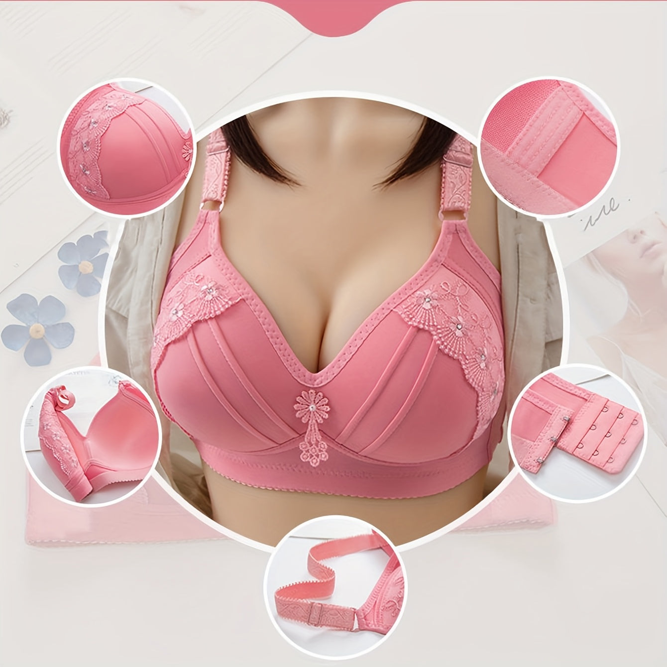 Women'S Floral Push-Up Bra - Sexy Lingerie with Rhinestone Details, /MH