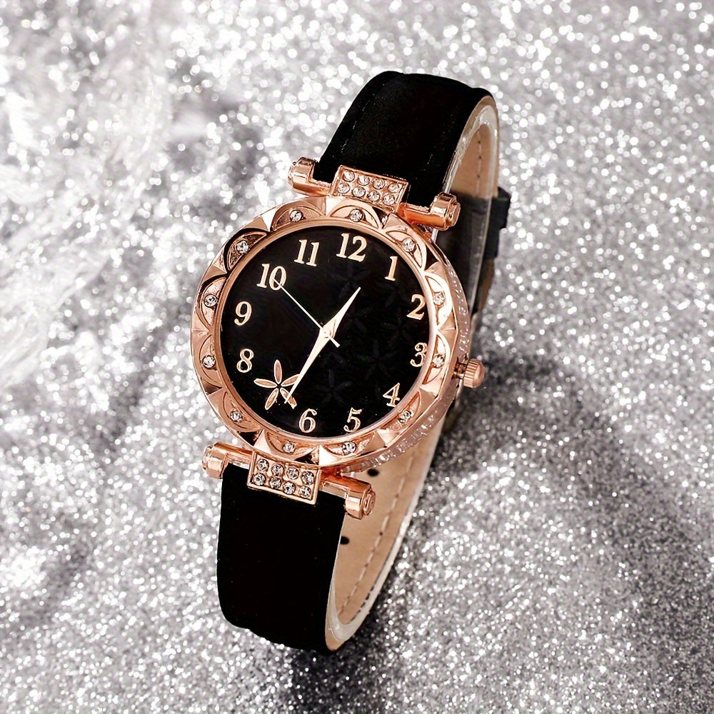 6pcs/set Elegant Flower Rhinestone Quartz Watch Analog PU Leather Wrist Watch & Bracelets, Valentine's Day Ramadan Gifts For Women Her