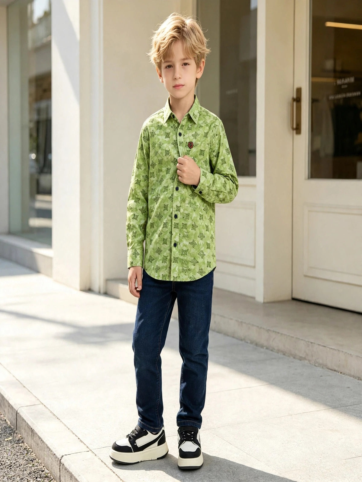 Boys' Lime Green Geometric Print Shirt – Textured Long Sleeve Casual Button-Down (2-12 Years) | MH