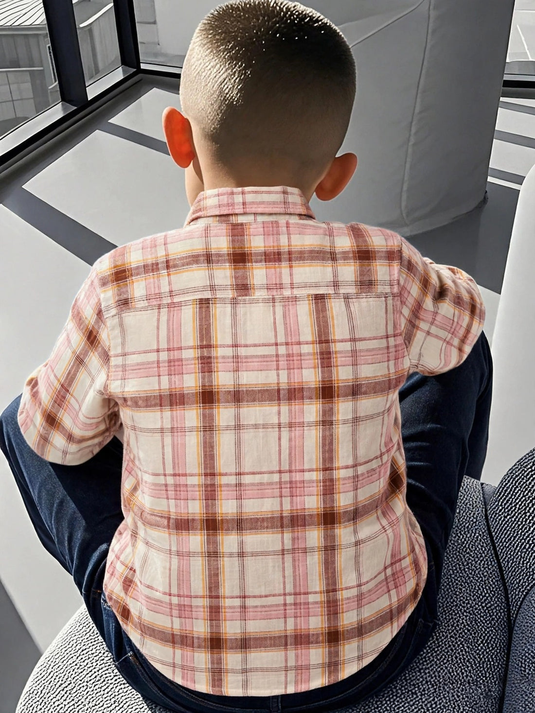 Boys Cream & Pink Brown Plaid Flannel Shirt | Navy Buttons Roll-Up Sleeves | Smart Casual | Ages 2–12 Years | MH