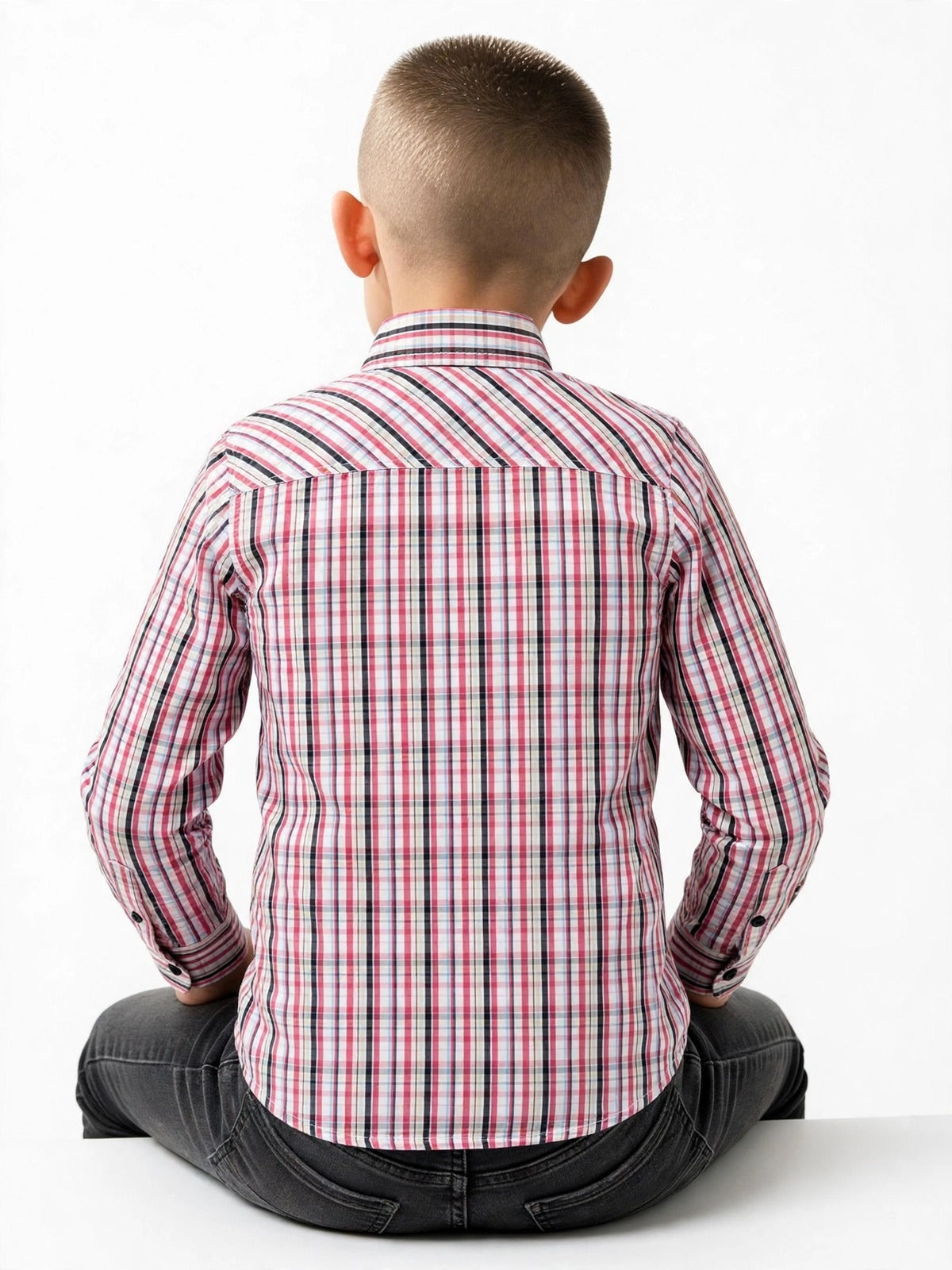 Boys Pink & Grey Plaid Check Long Sleeve Shirt | Dual Chest Pockets | Smart Casual | Ages 2–12 Years | MH