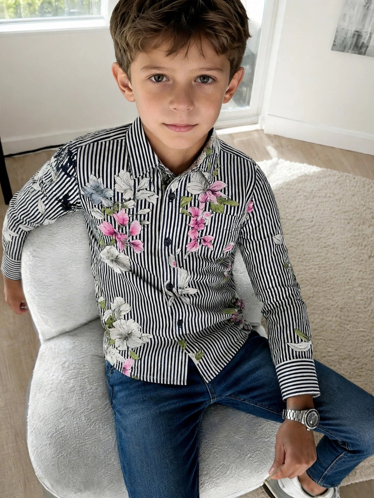 Boys Long Sleeve Floral Shirt Navy Pink Flowers Button Up Casual | Sizes 1-12Years | MH