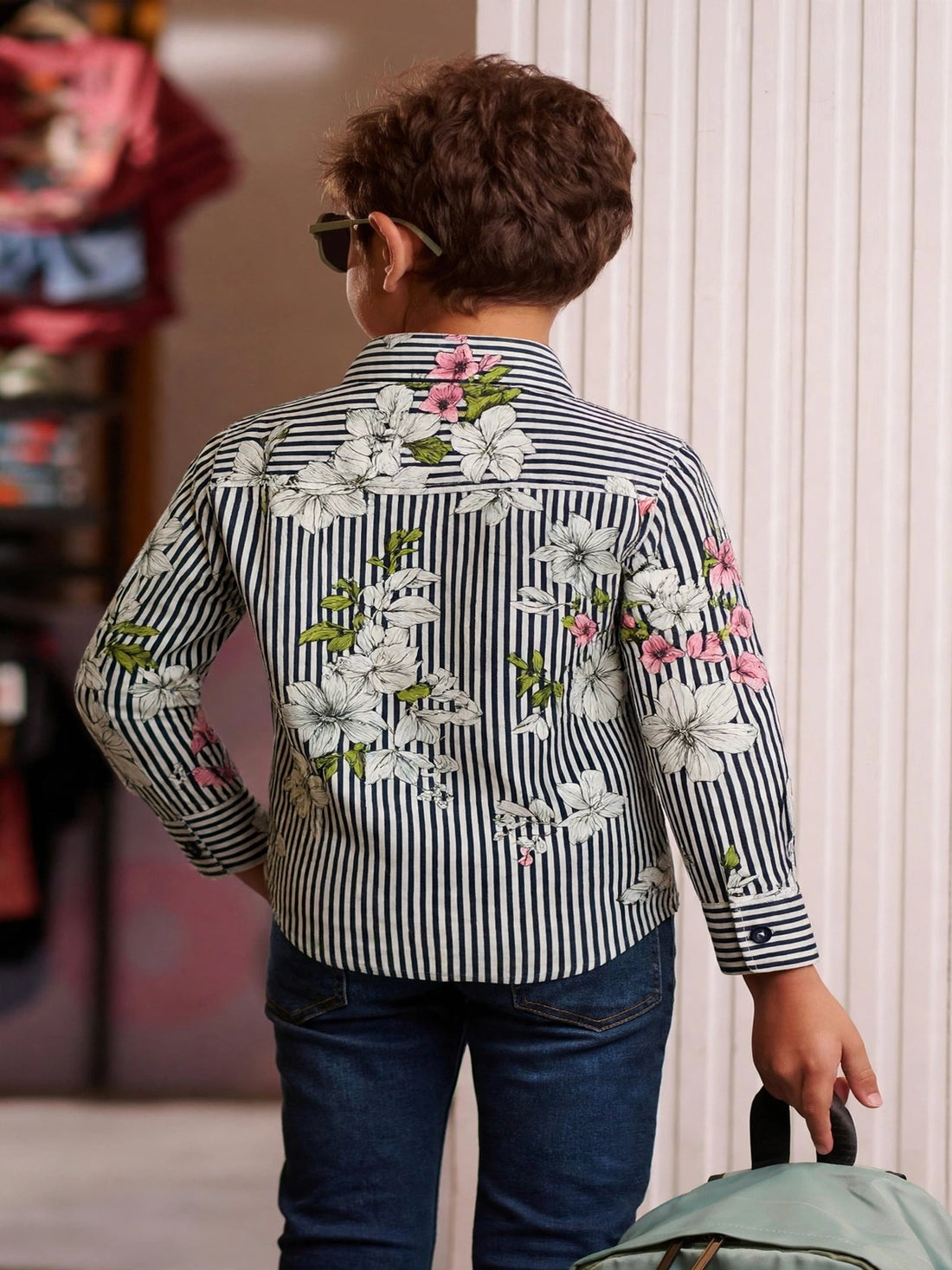 Boys Long Sleeve Floral Shirt Navy Pink Flowers Button Up Casual | Sizes 1-12Years | MH