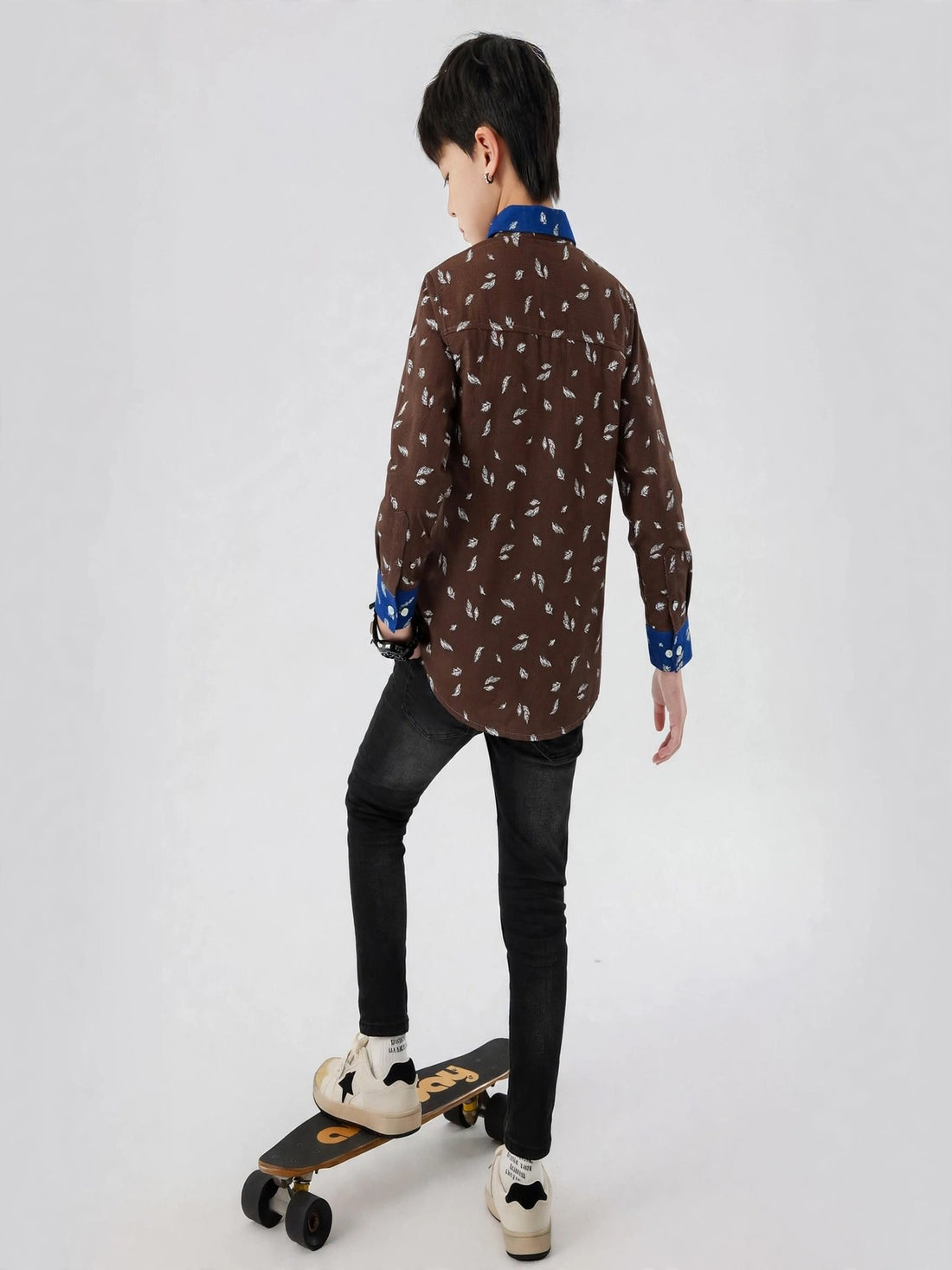 Boys Brown Scatter Print Long Sleeve Shirt | Royal Blue Contrast Collar & Cuffs | Ages 1–12 Years | MH.