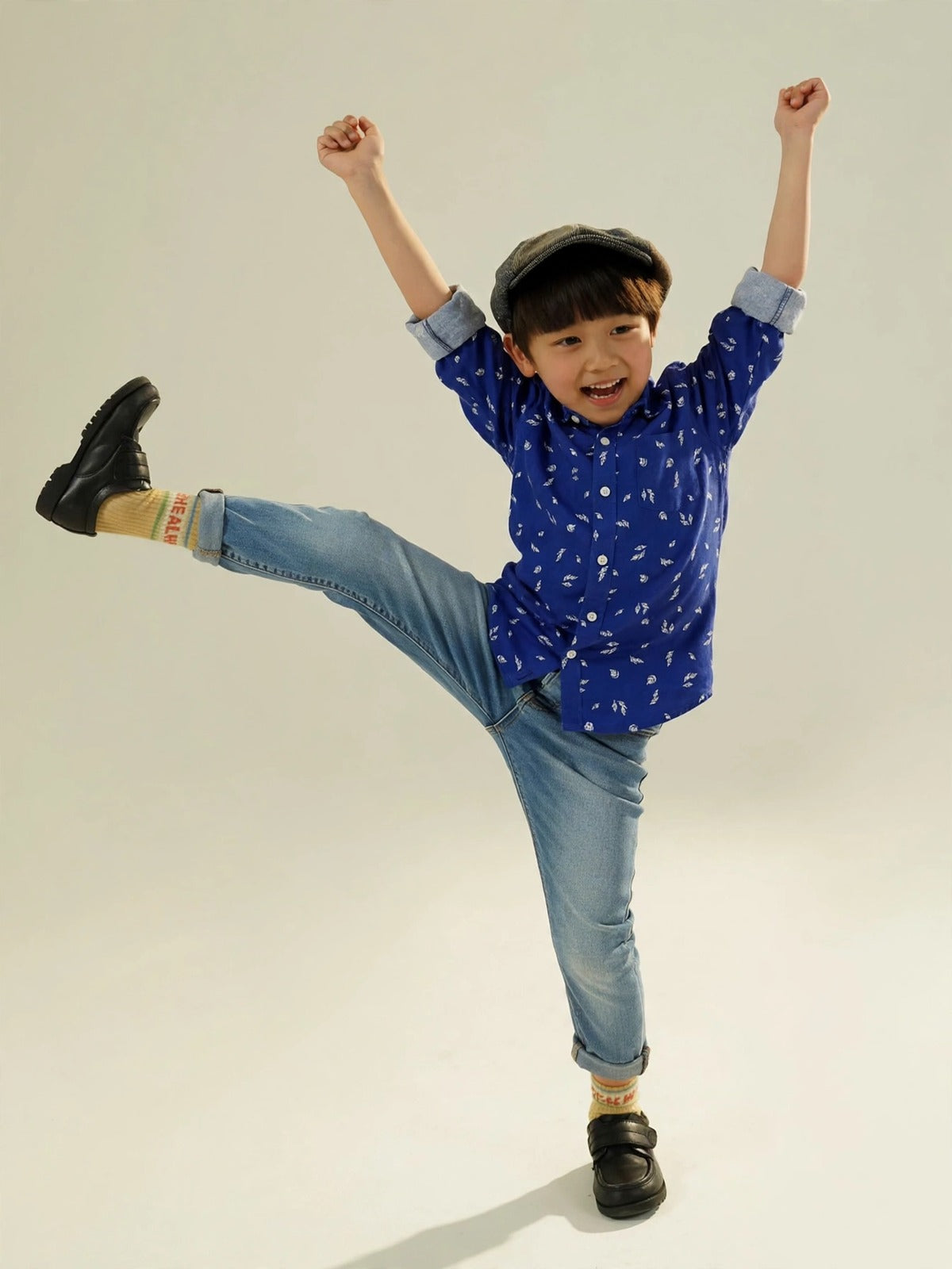 Boys Royal Blue Printed Long Sleeve Shirt | White Leaf & Lightning Bolt Print | Ages 1–12 Years | MH.
