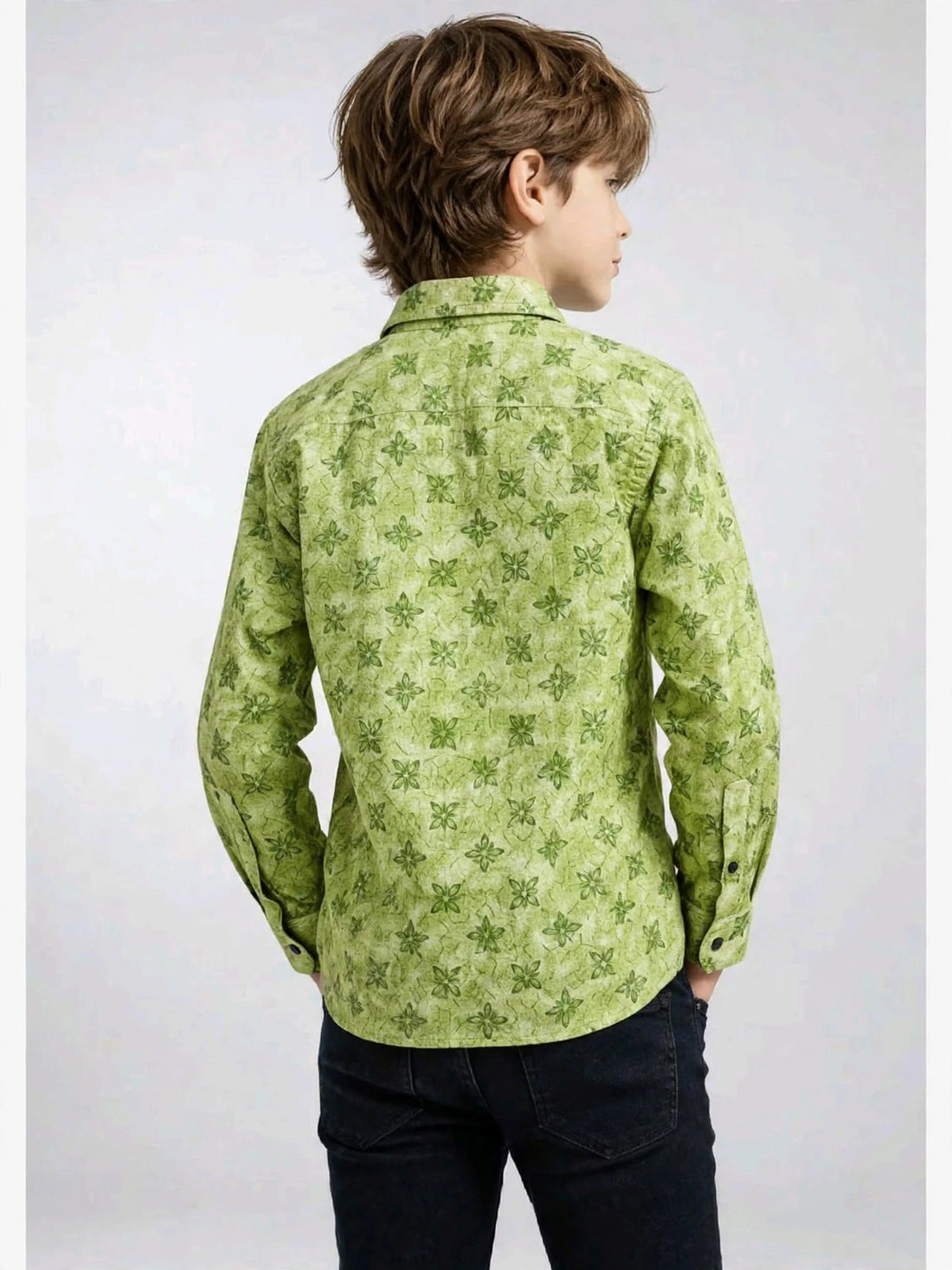 Boys' Lime Green Geometric Print Shirt – Textured Long Sleeve Casual Button-Down (2-12 Years) | MH