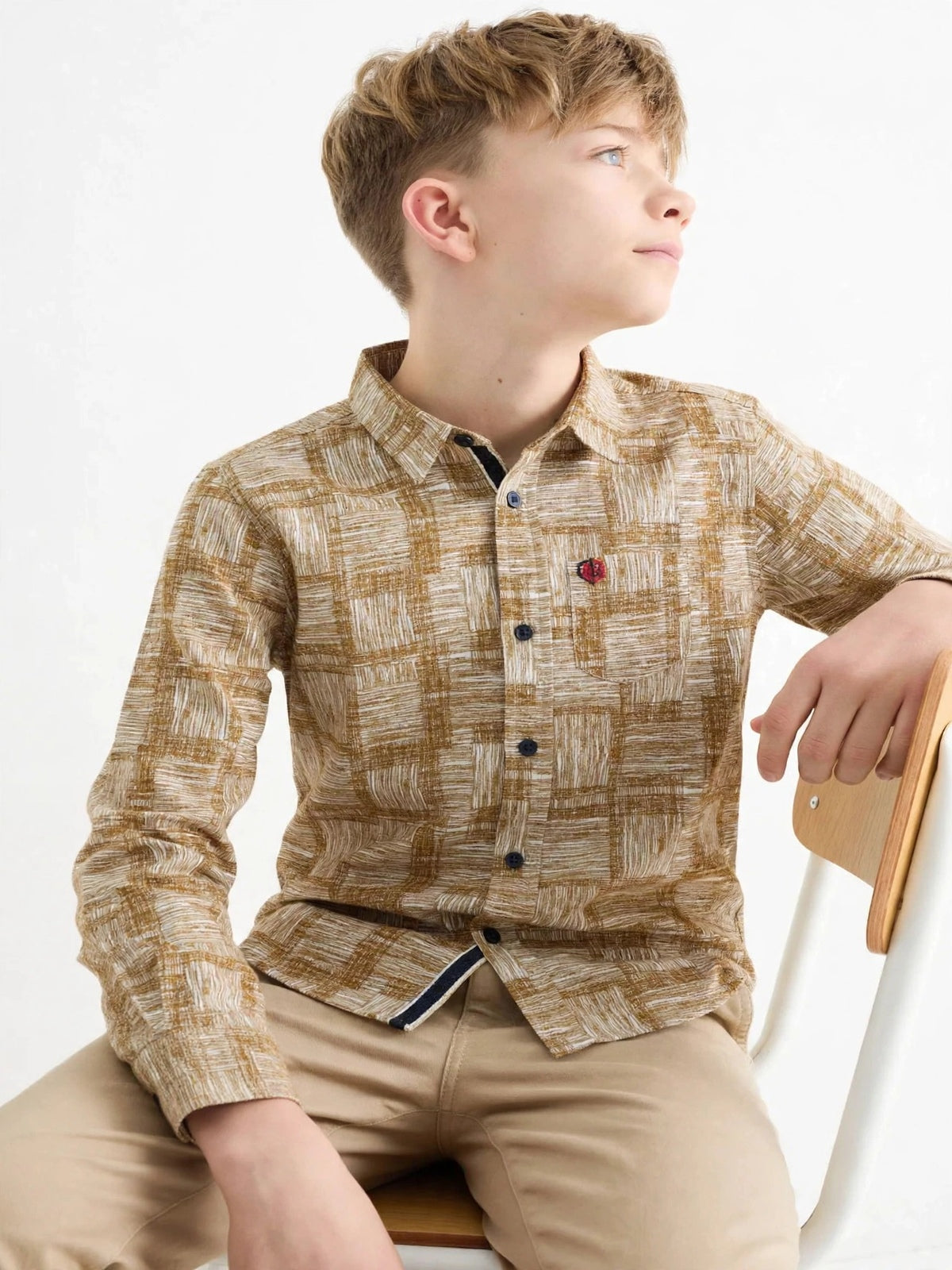 Boys' Mustard Geometric Pattern Shirt – Textured Long Sleeve Casual Button-Down (2-12 Years) | MH