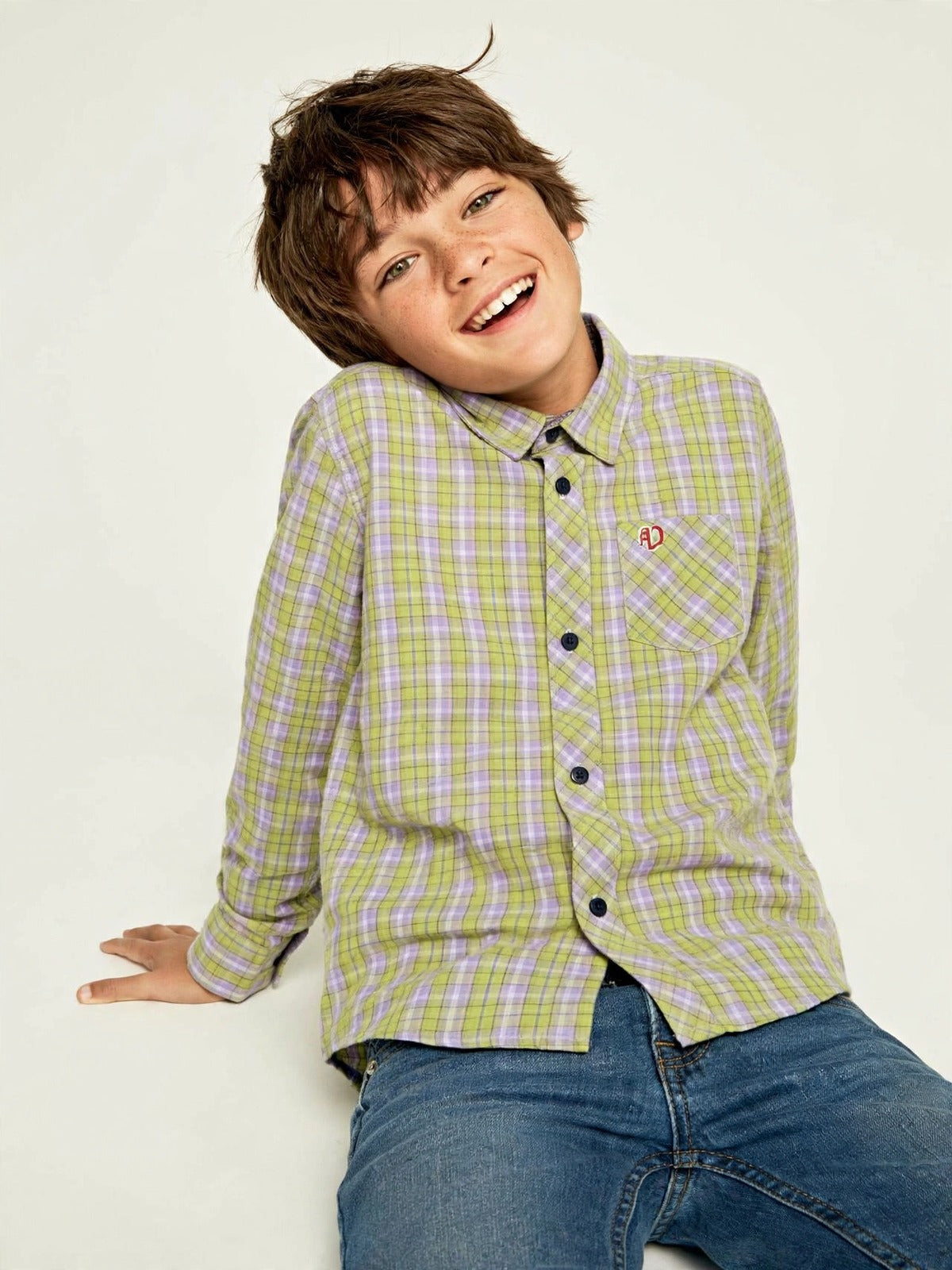 Boys Lime Green Check Long Sleeve Shirt | Navy Contrast Buttons & Cuffs | Smart Casual | Ages 2–12 Years | MH