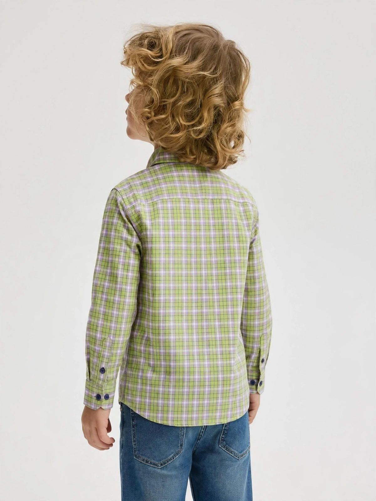 Boys Lime Green Check Long Sleeve Shirt | Navy Contrast Buttons & Cuffs | Smart Casual | Ages 2–12 Years | MH
