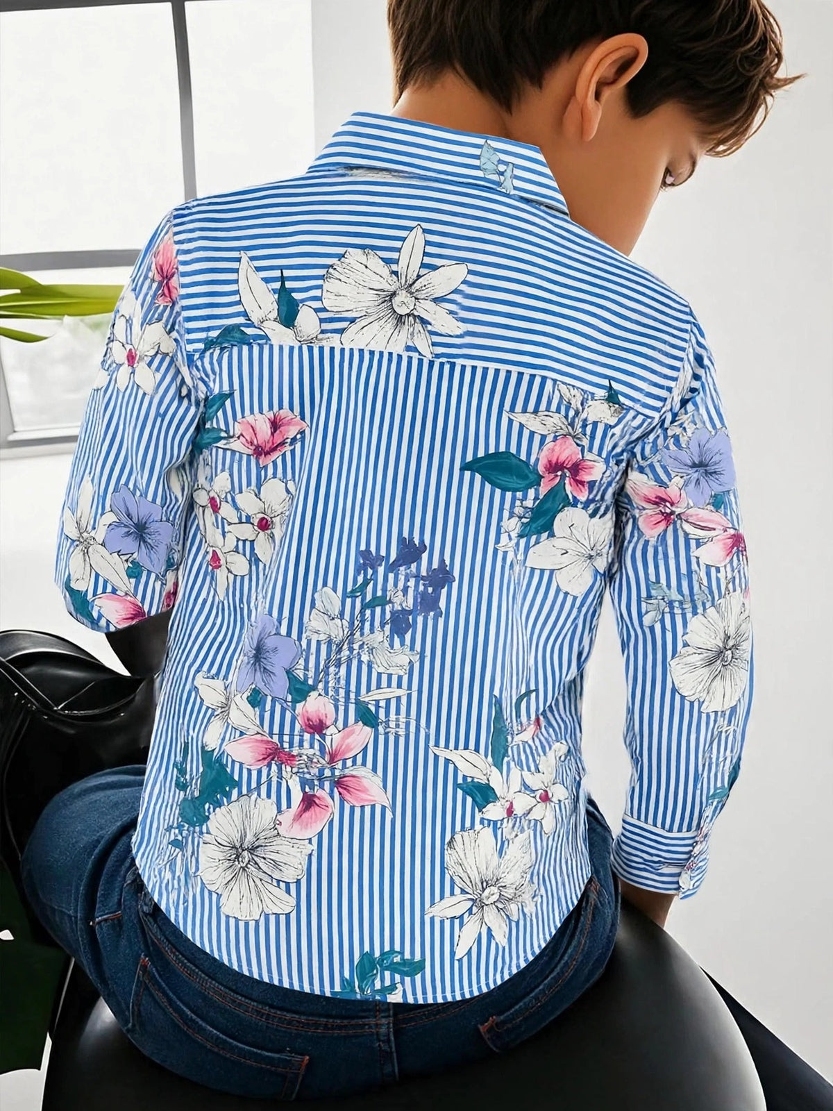 Boys Long Sleeve Floral Shirt Navy Pink Flowers Button Up Casual | Sizes 1-12Years | MH