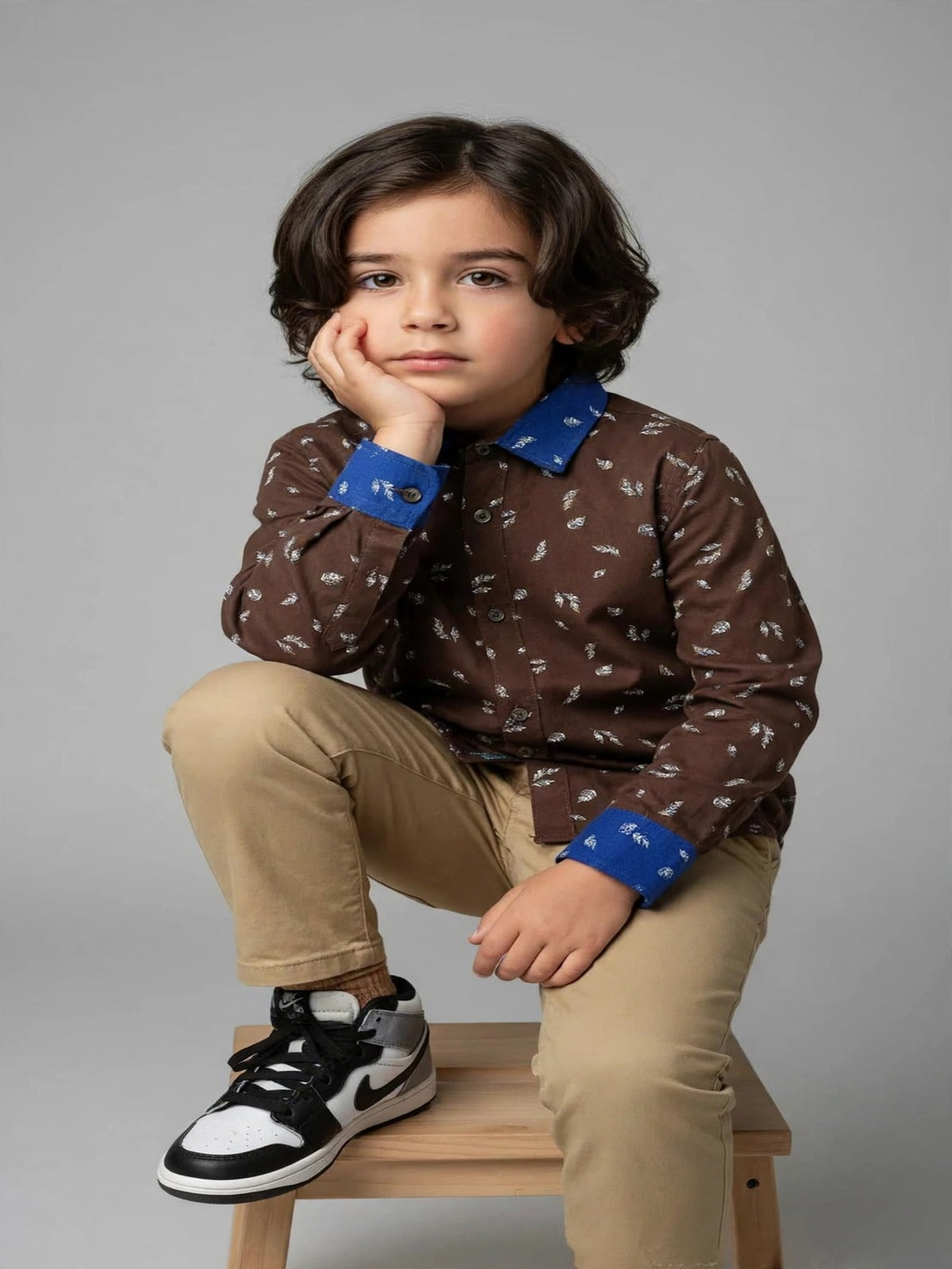 Boys Brown Scatter Print Long Sleeve Shirt | Royal Blue Contrast Collar & Cuffs | Ages 1–12 Years | MH.
