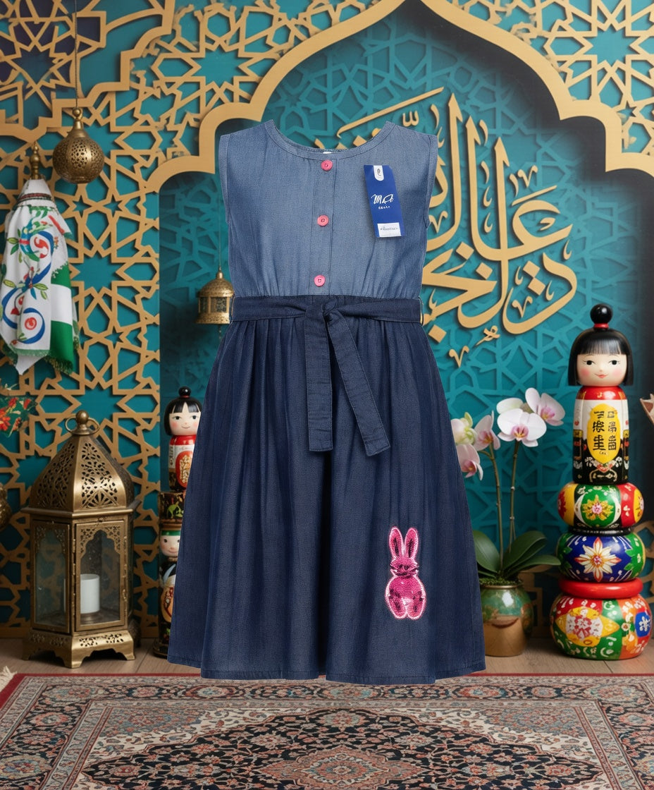 Girls Navy Blue Sleeveless Party Dress with Waist Tie Belt | Sizes (2–12 Years) | MH