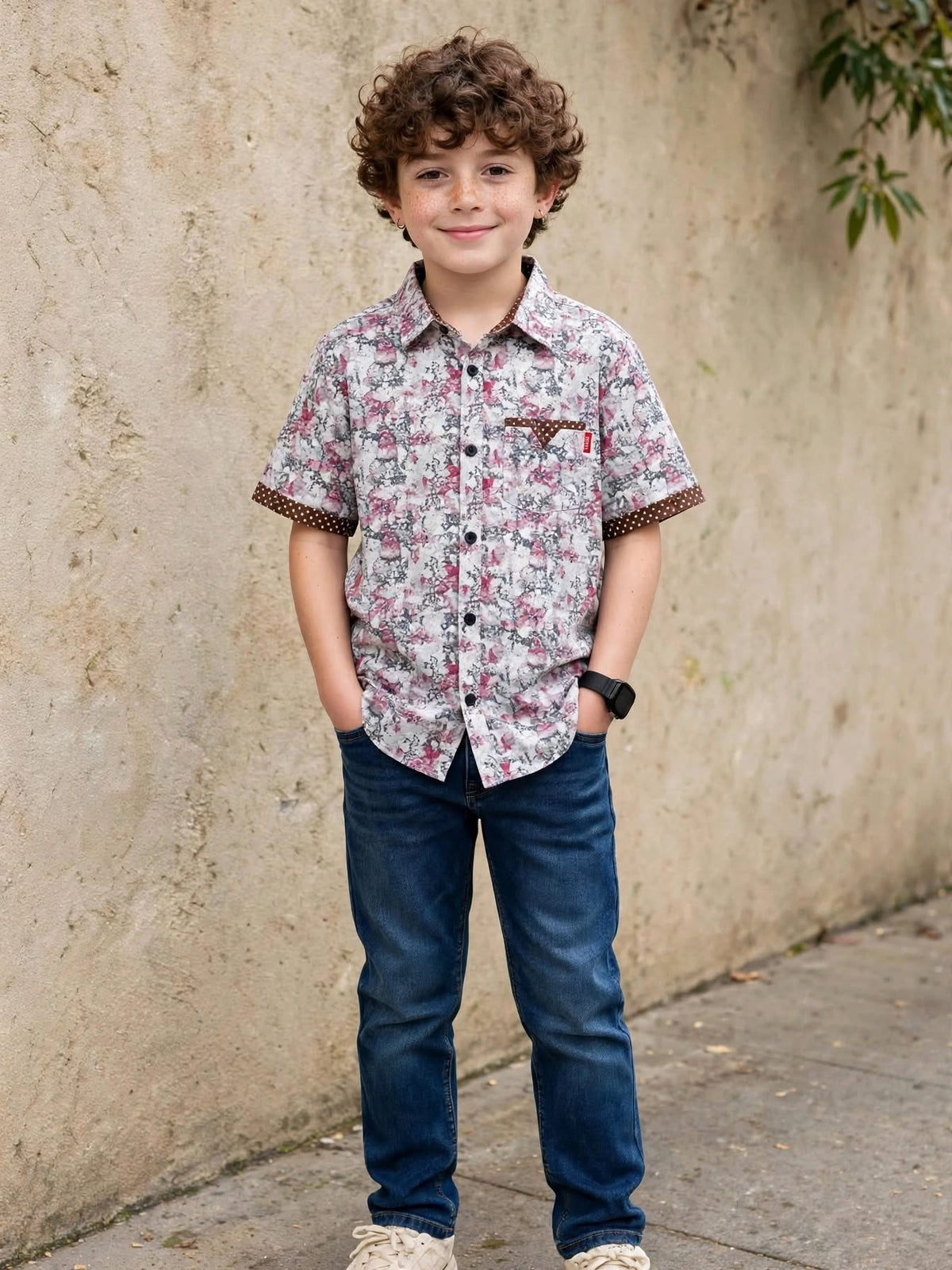 Kid Boy's Floral Printed Contrast Trim Short-Sleeve Shirt | MH Size (2-12Years)