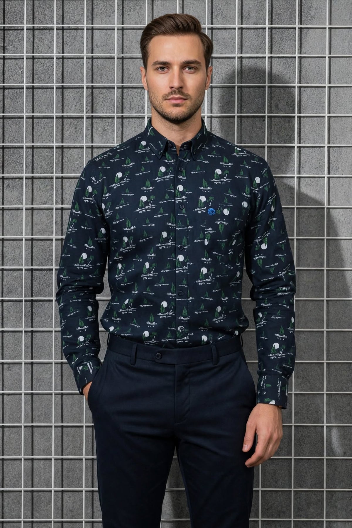 Men's Navy Blue Patterned Shirt - Sailboat & Green Tree Print (Sizes S-XXL) | MH