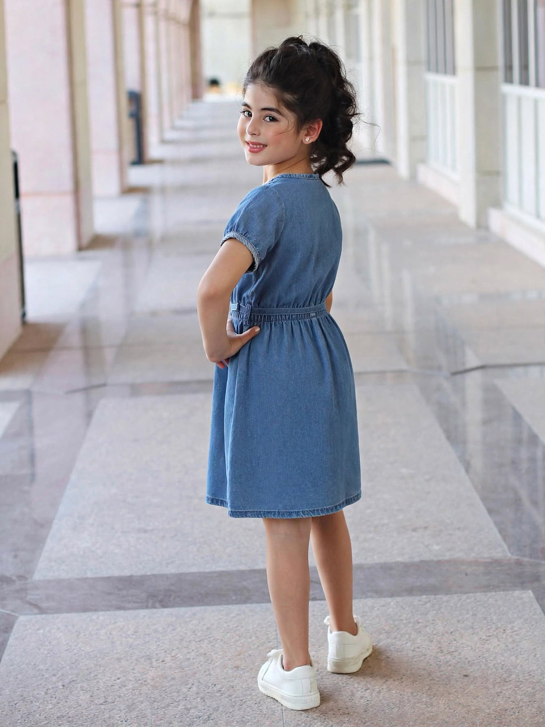 Girls Light Blue Denim Short Sleeve Dress | Brown Buttons Drawstring Waist Front Pockets | Casual Smart | Ages 2–12 Years | MH