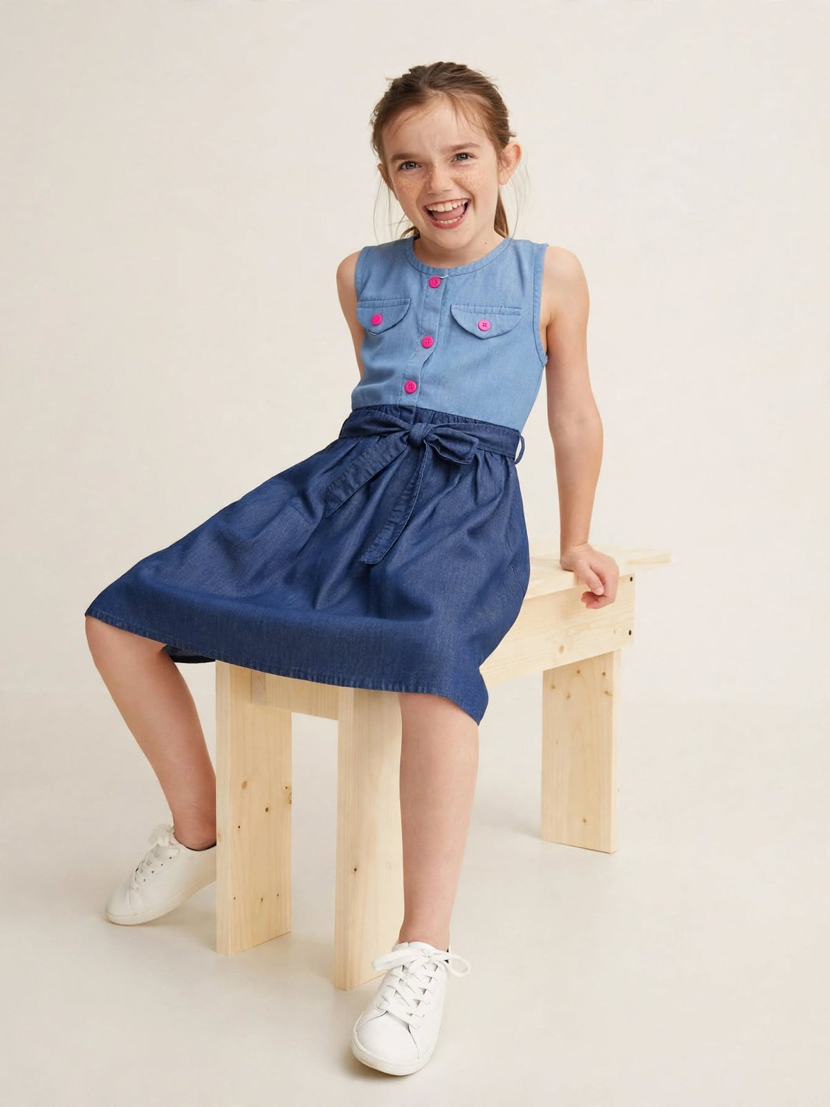 Chic Two-Tone Denim Bow Waist Dress for Girls.Sizes(2-12Years) | MH