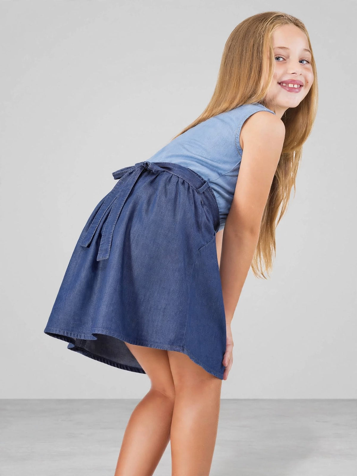 Chic Two-Tone Denim Bow Waist Dress for Girls.Sizes(2-12Years) | MH