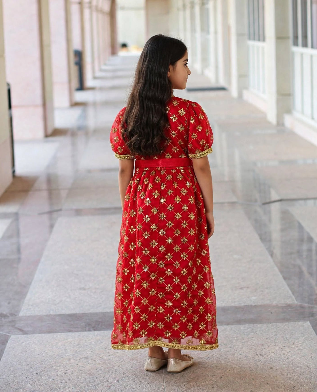 Red Gold Embroidered Girls Abaya Dress with Belt - Modest Islamic Kaftan for Kids | 4, 8 & 10 Years | MH