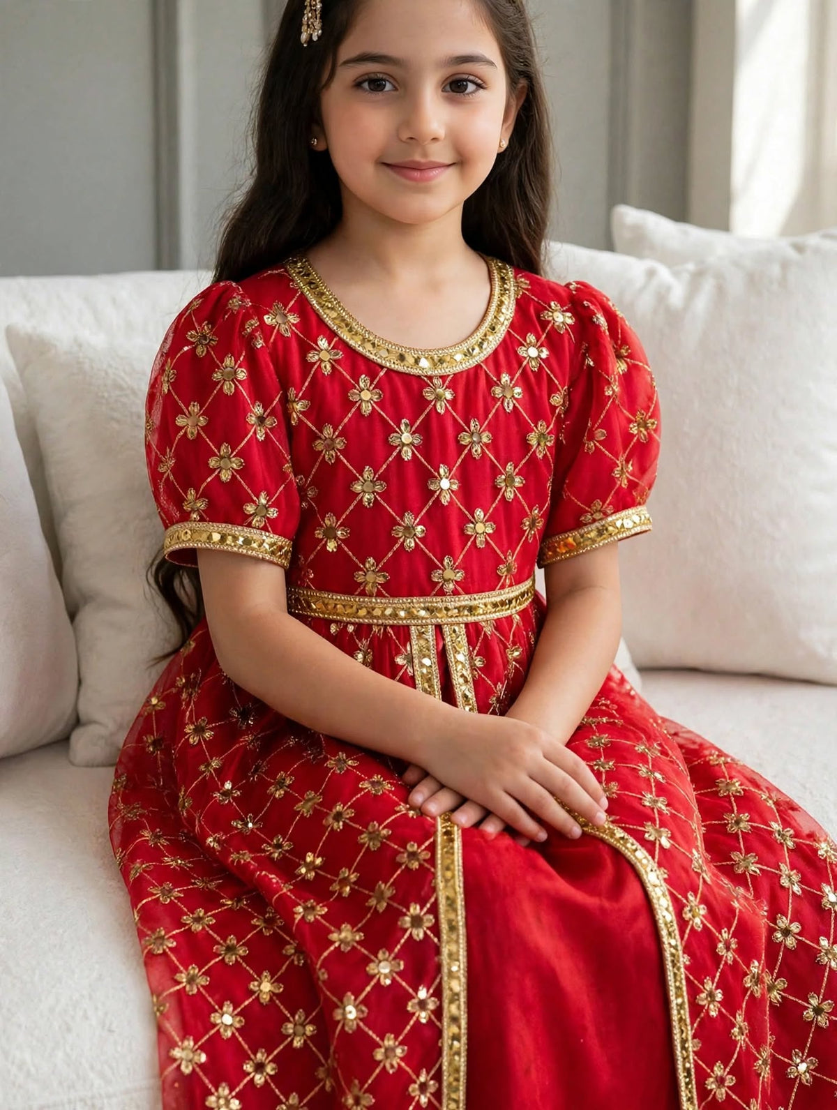 Red Gold Embroidered Girls Abaya Dress with Belt - Modest Islamic Kaftan for Kids | 4, 8 & 10 Years | MH