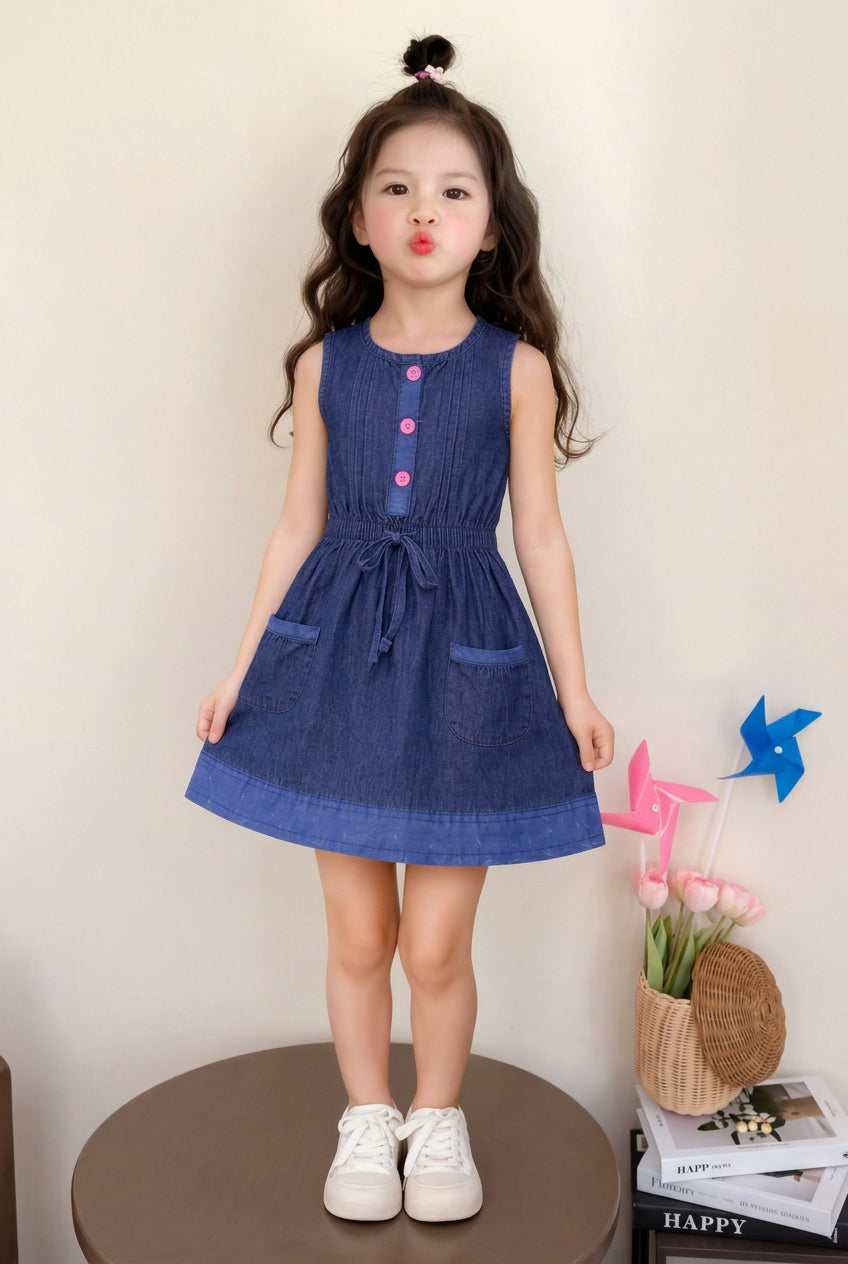 Girls Blue Denim Button-Cut Sleeve Solid Tunic (2–12 Years)