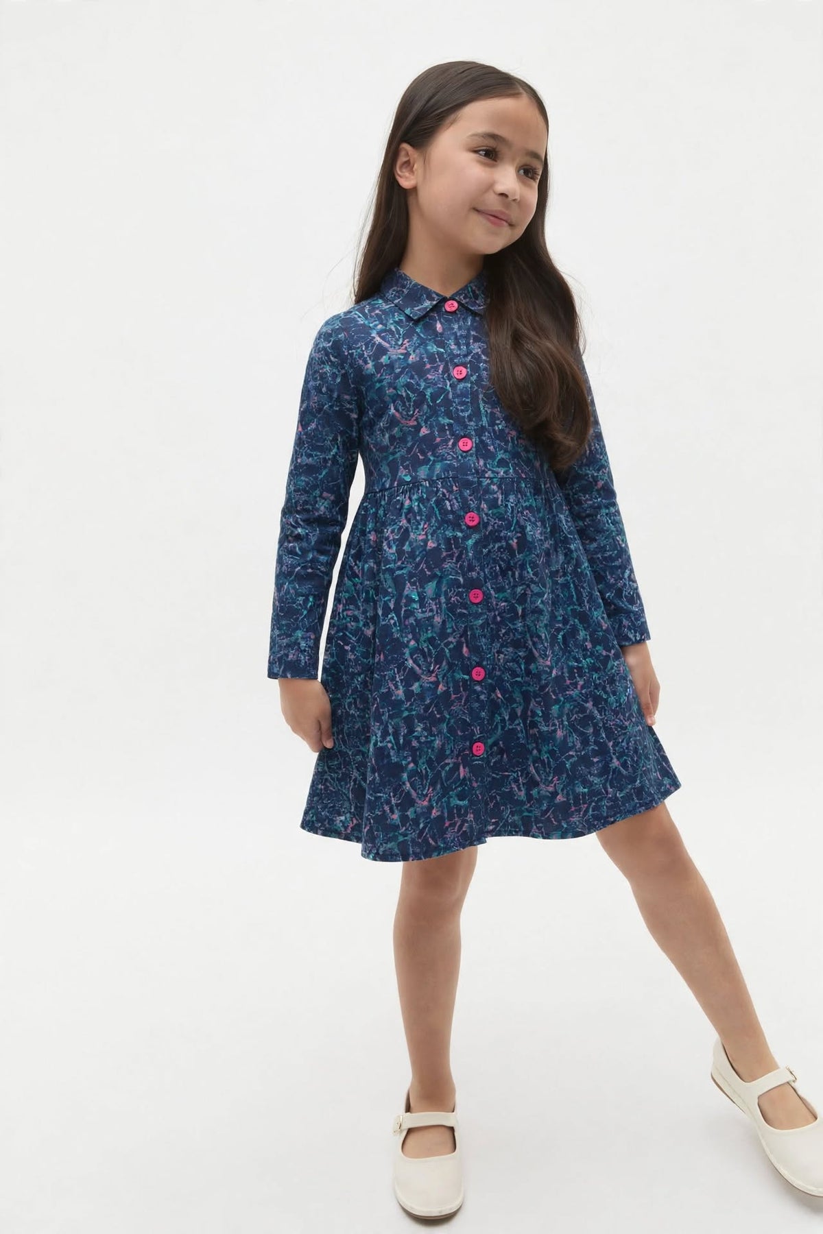 Girls Navy Blue Floral Texture Print Long Sleeve Shirt Dress | Pink Buttons Gathered Waist | Smart Casual | Ages 2–12 Years | MH