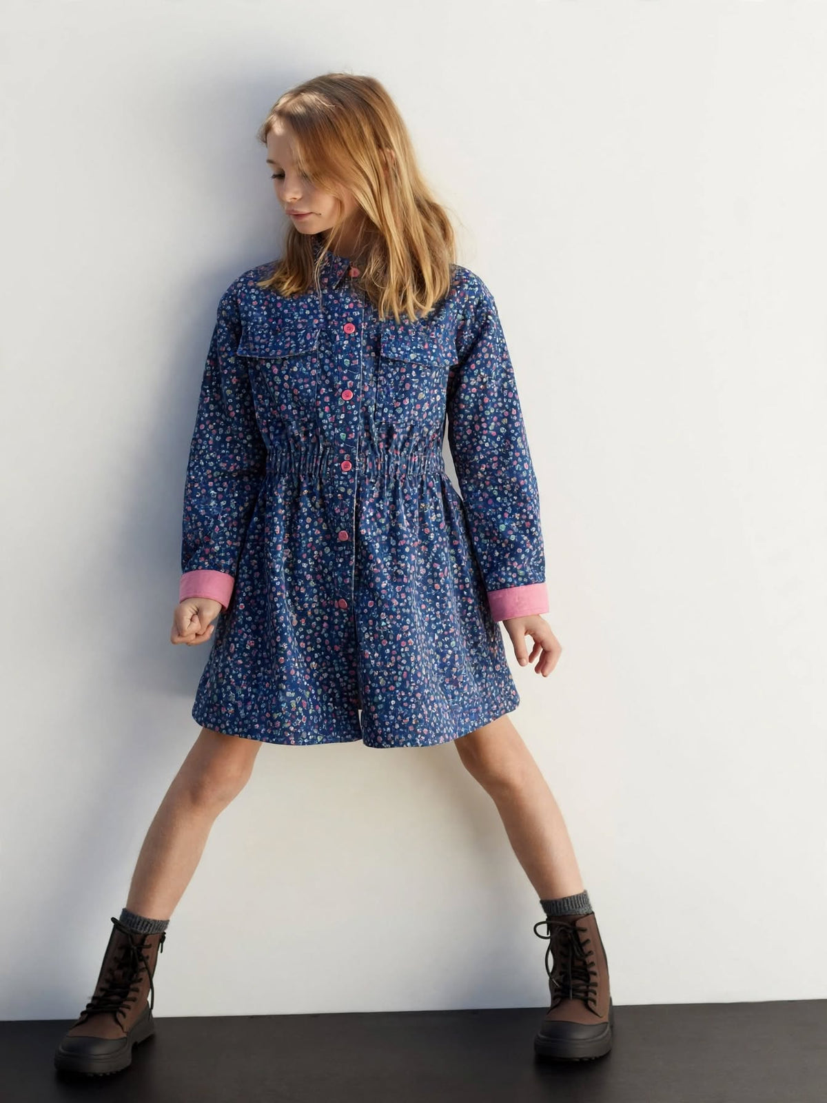 Girls' Navy Floral Short Sleeve Dress – Cotton A-Line Summer Dress with Pocket (6-36month) | MH