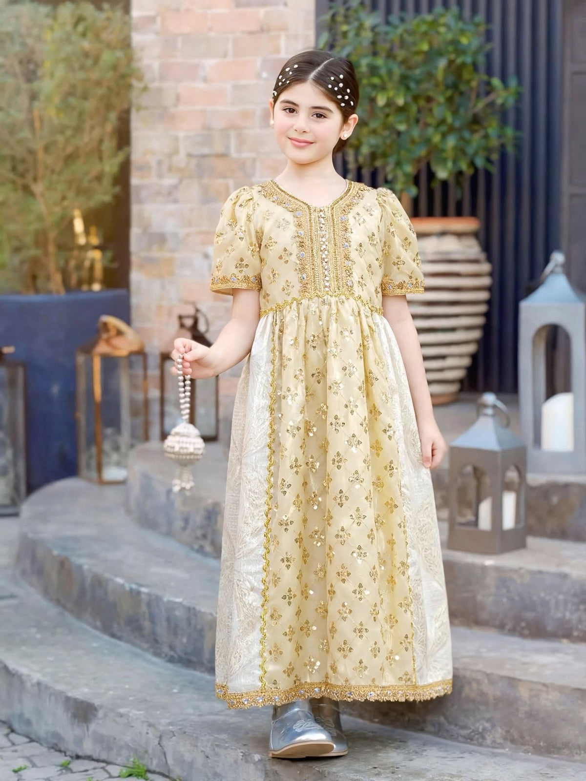 Girls Gold Traditional Eid Dress Embroidered Party Gown | Size 6 Years | MH