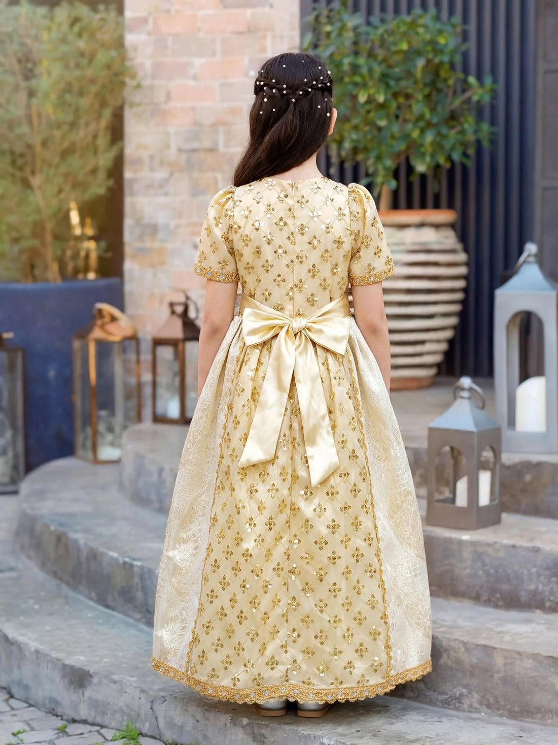 Girls Gold Traditional Eid Dress Embroidered Party Gown | Size 6 Years | MH